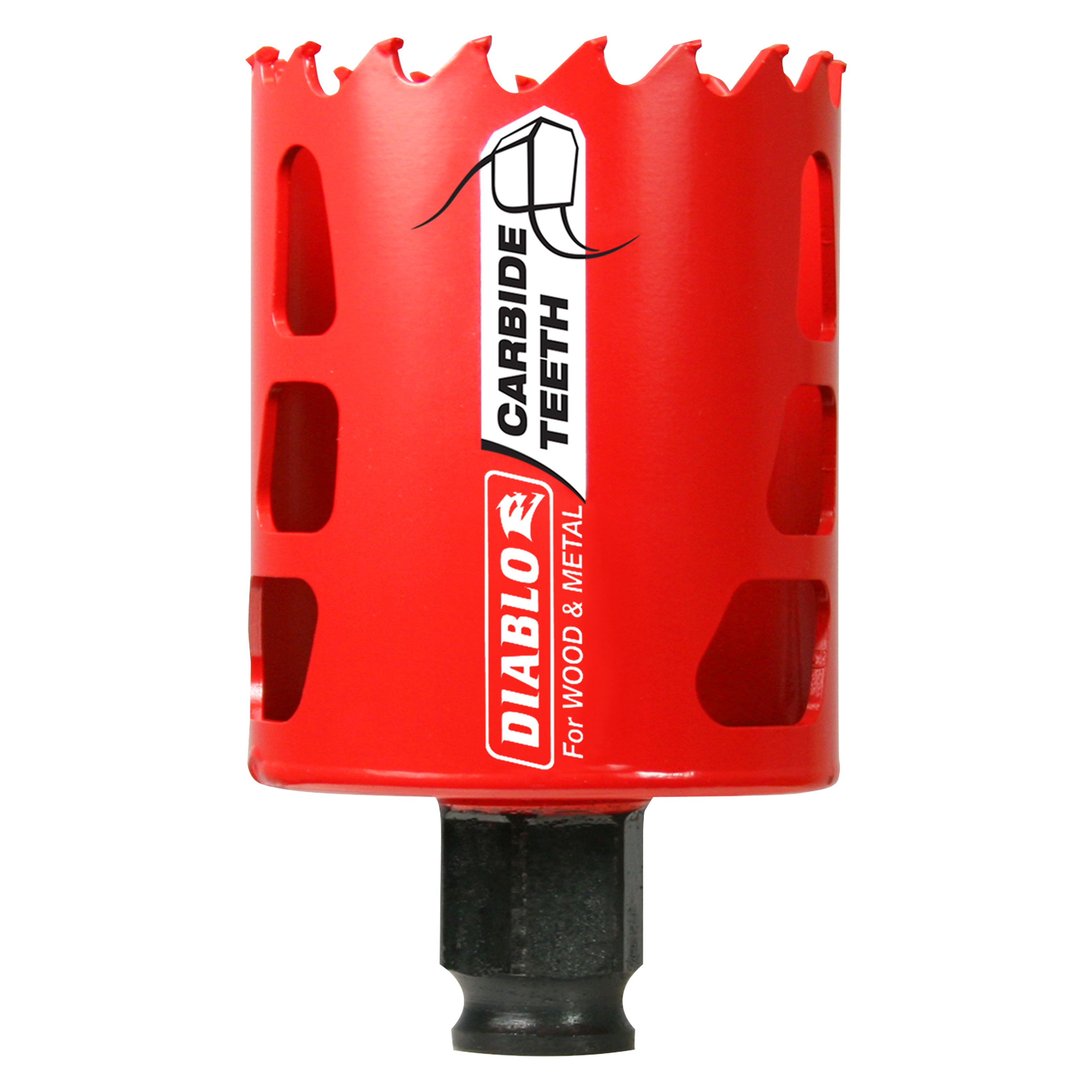 Red carbide-tipped holesaw with jagged cutting edge and black shank, labeled for wood and metal cutting.