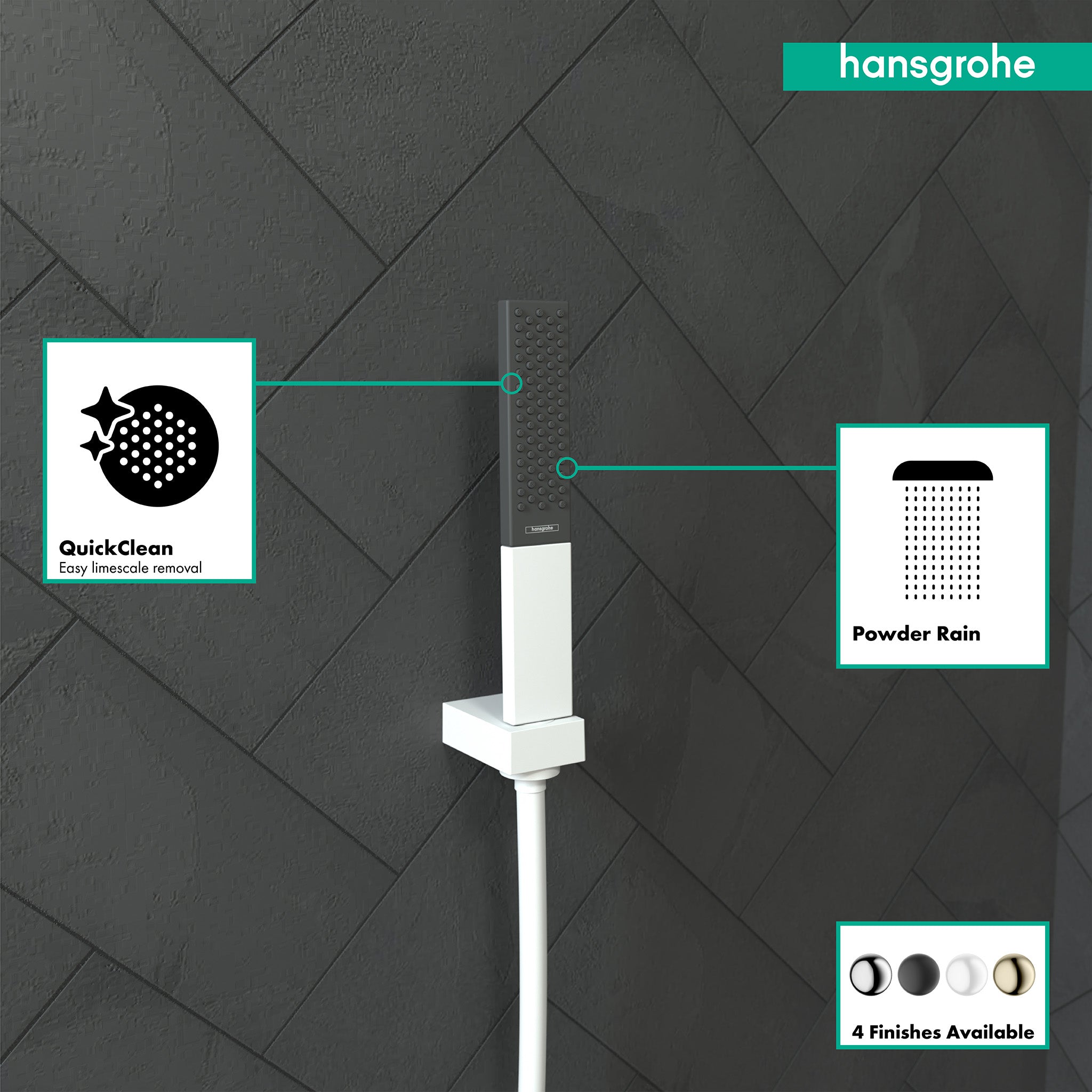 Matte white rectangular handheld showerhead with rain spray pattern mounted on wall.