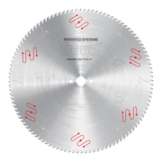 Circular saw blade with gray metal disc, fine teeth around edge, center hole, red wavy design elements and "freud" branding v