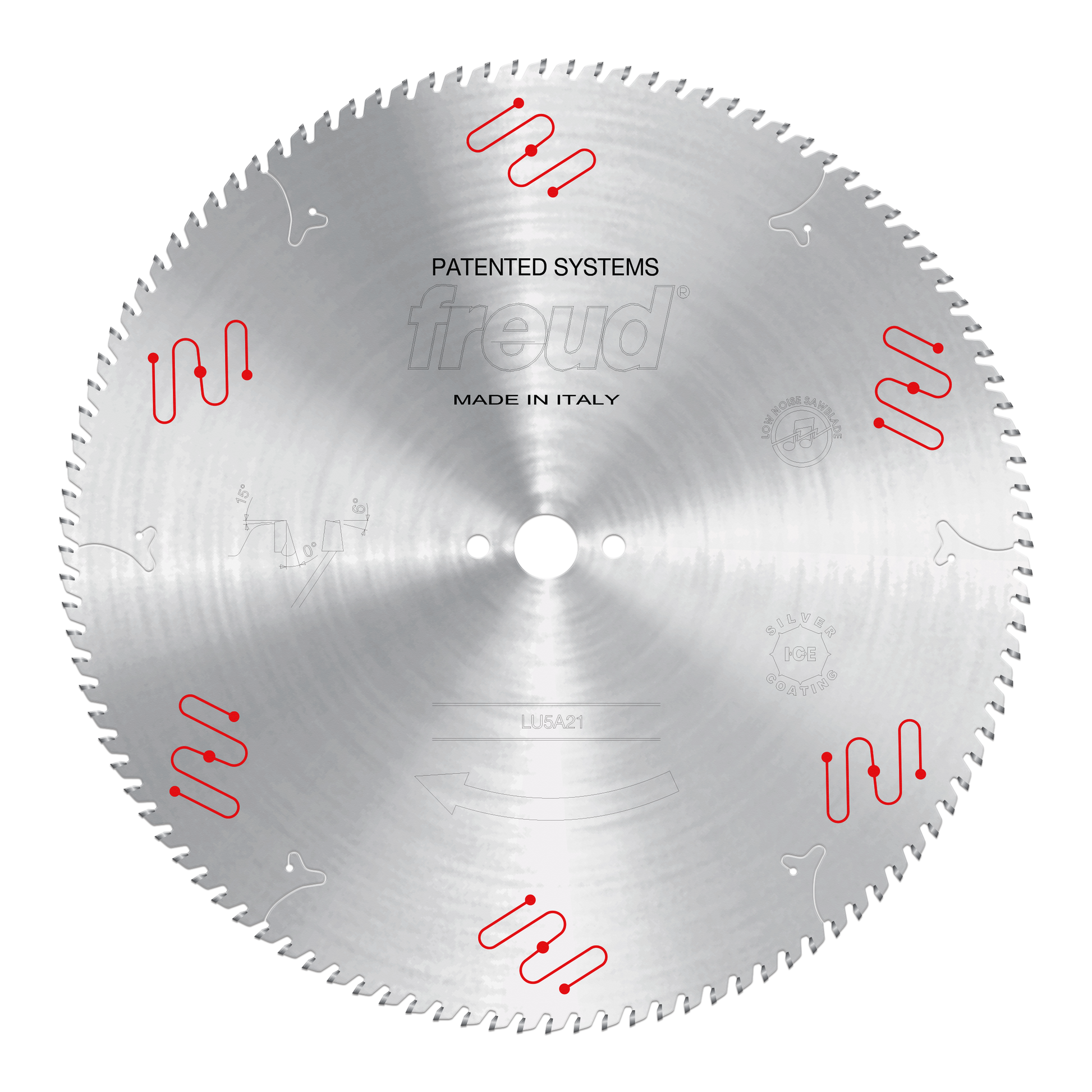 Circular saw blade with gray metal disc, fine teeth around edge, center hole, red wavy design elements and "freud" branding v
