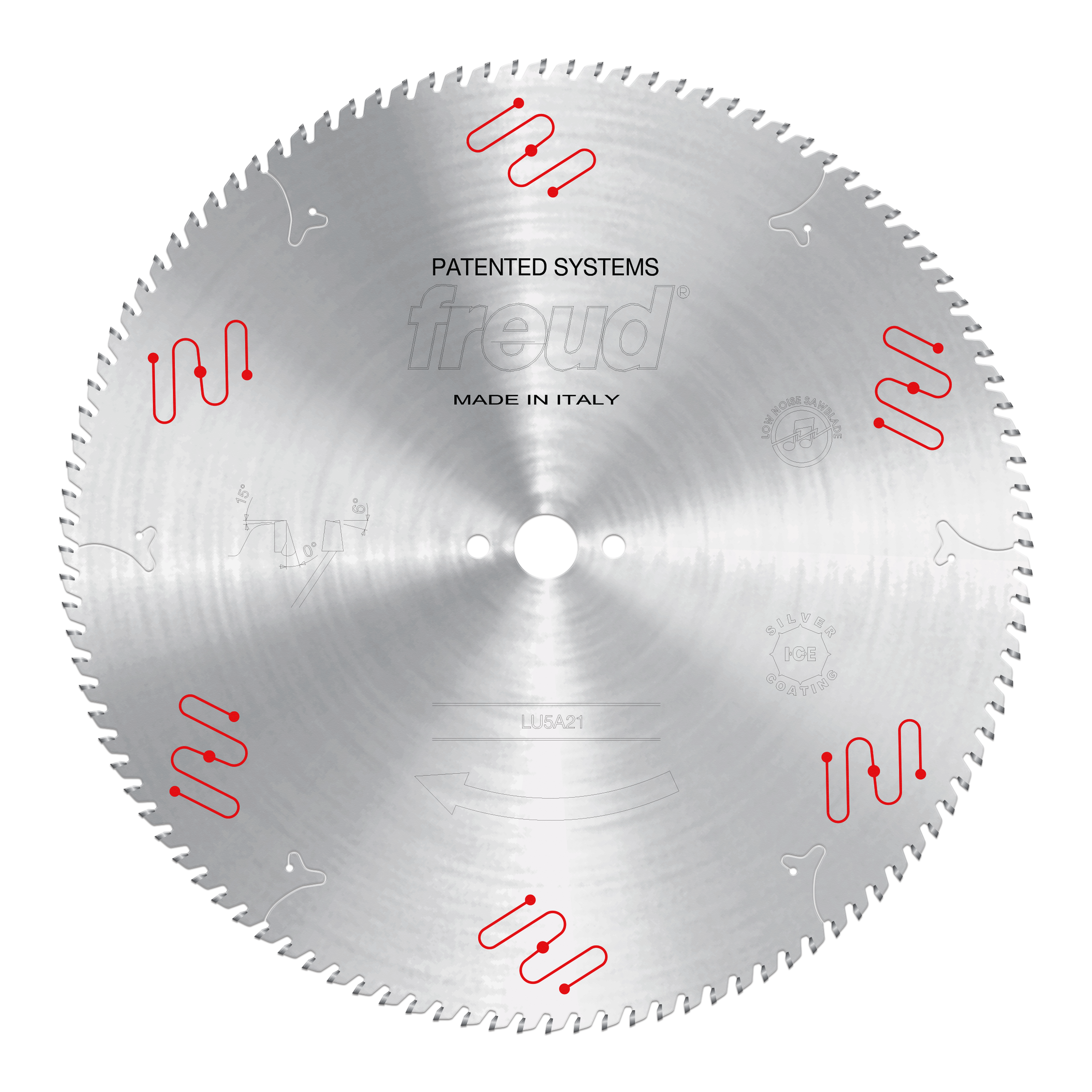 Circular saw blade with gray metal disc, fine teeth around edge, center hole, red wavy design elements and "freud" branding v