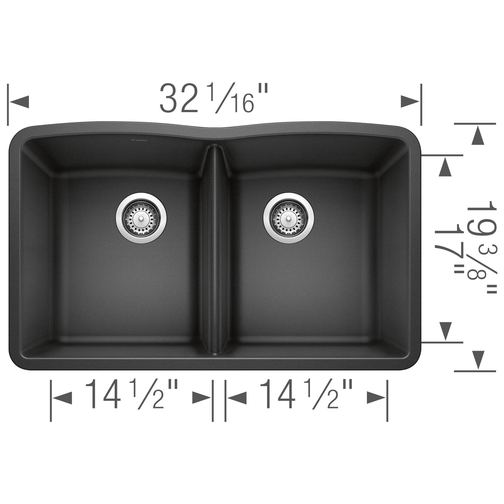 Anthracite double bowl undermount kitchen sink with two equal compartments and stainless steel drains, 32 1/16" wide.