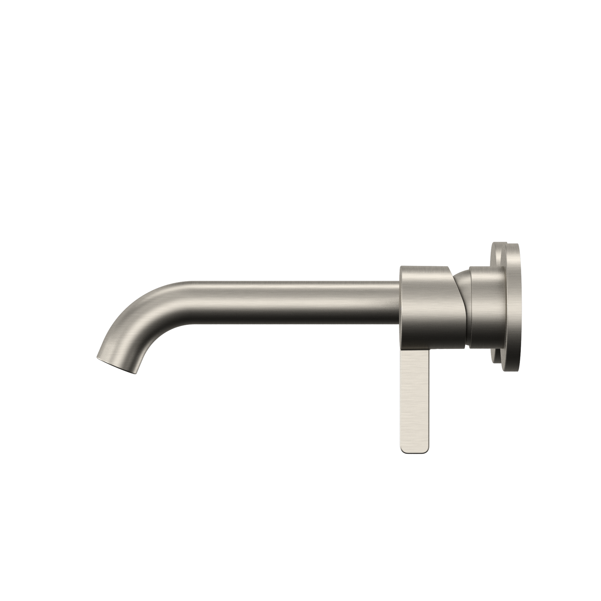 Brushed nickel wall-mount bathroom faucet with single lever handle and curved spout.