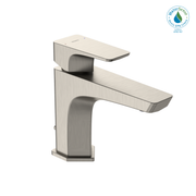 Brushed nickel single-handle bathroom sink faucet with rectangular spout and WaterSense certification badge.