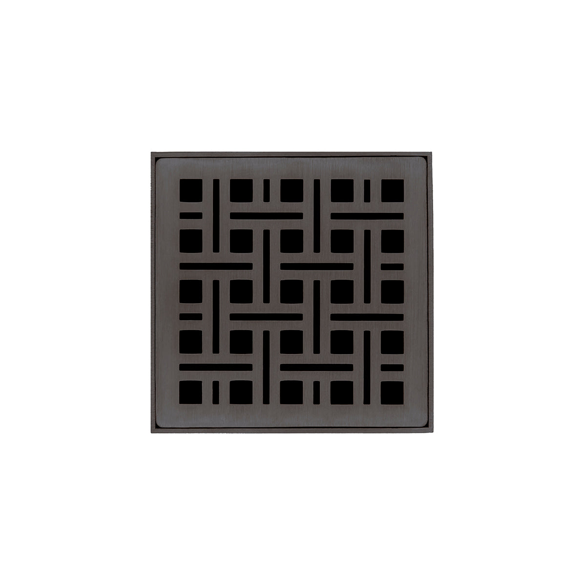 Square oil rubbed bronze drain grate with geometric lattice pattern and center opening.