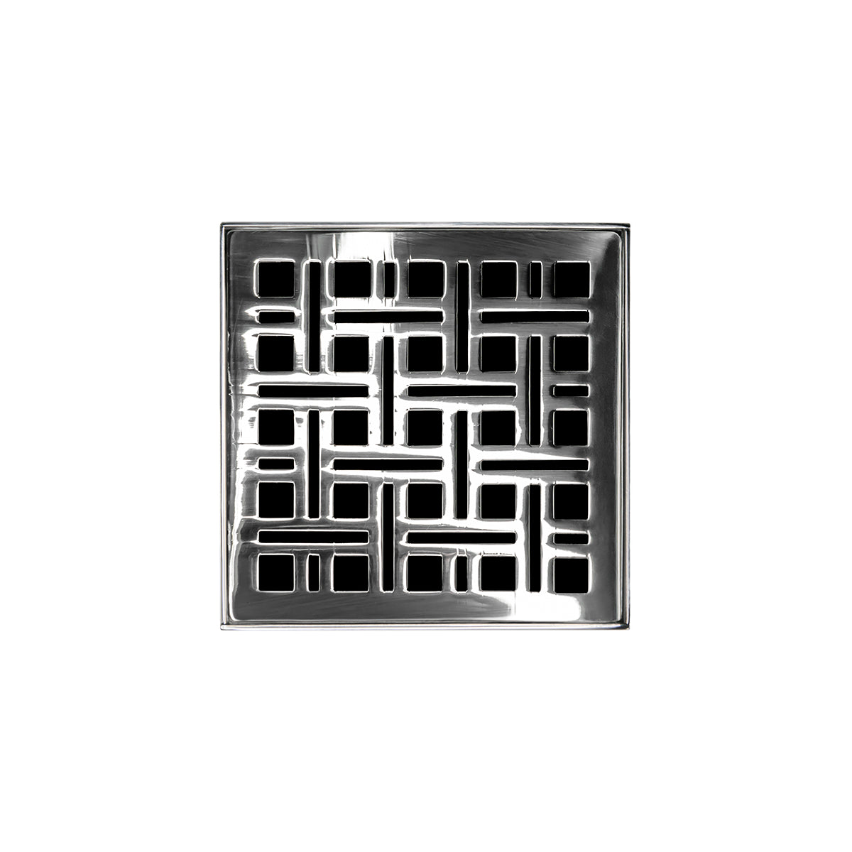 Polished stainless steel square drain grate with geometric lattice pattern and center drain opening.