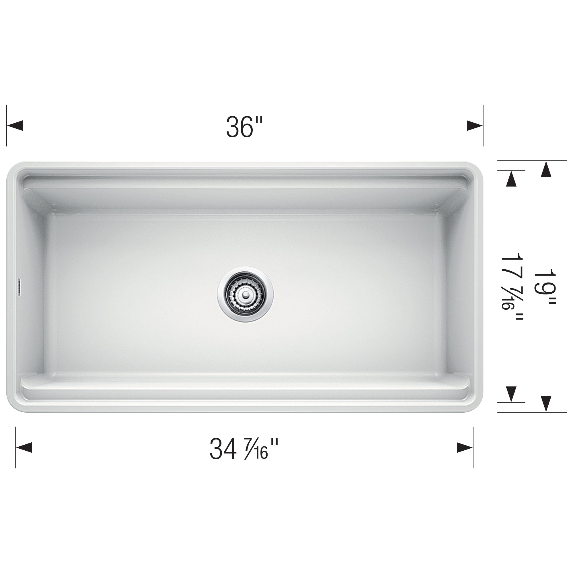 White rectangular apron front kitchen sink with single bowl and centered drain, 36 inches wide.