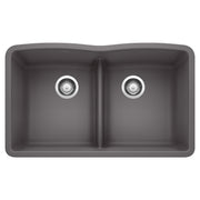 Cinder gray double bowl undermount kitchen sink with low divider and chrome drain strainers.