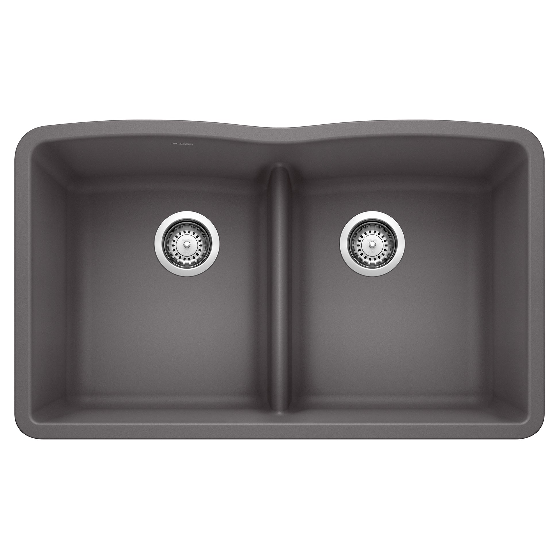 Cinder gray double bowl undermount kitchen sink with low divider and chrome drain strainers.
