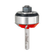 Freud router bit with red cutting edges, silver cylindrical body, hexagonal nut, and metal shank.
