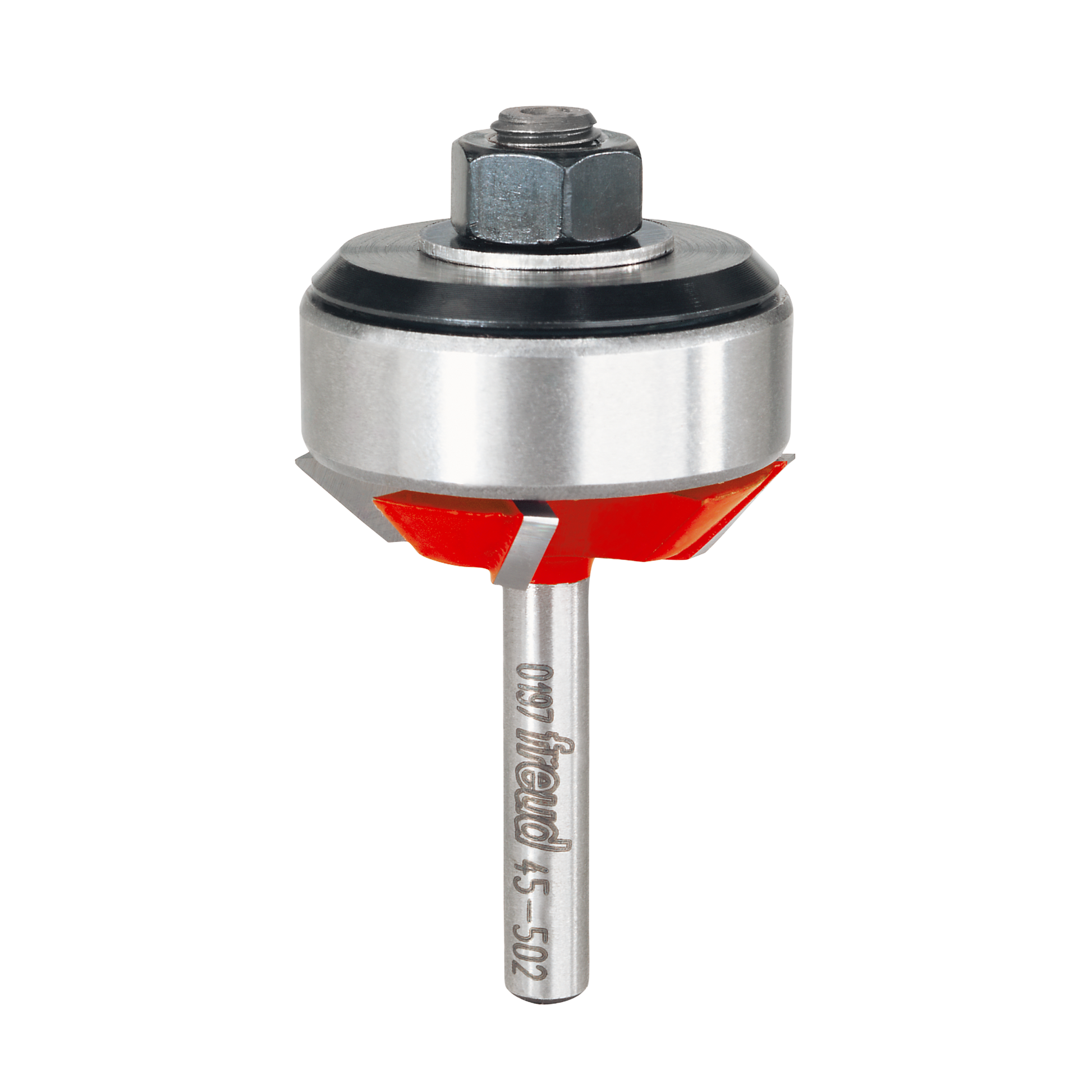 Freud router bit with red cutting edges, silver cylindrical body, hexagonal nut, and metal shank.