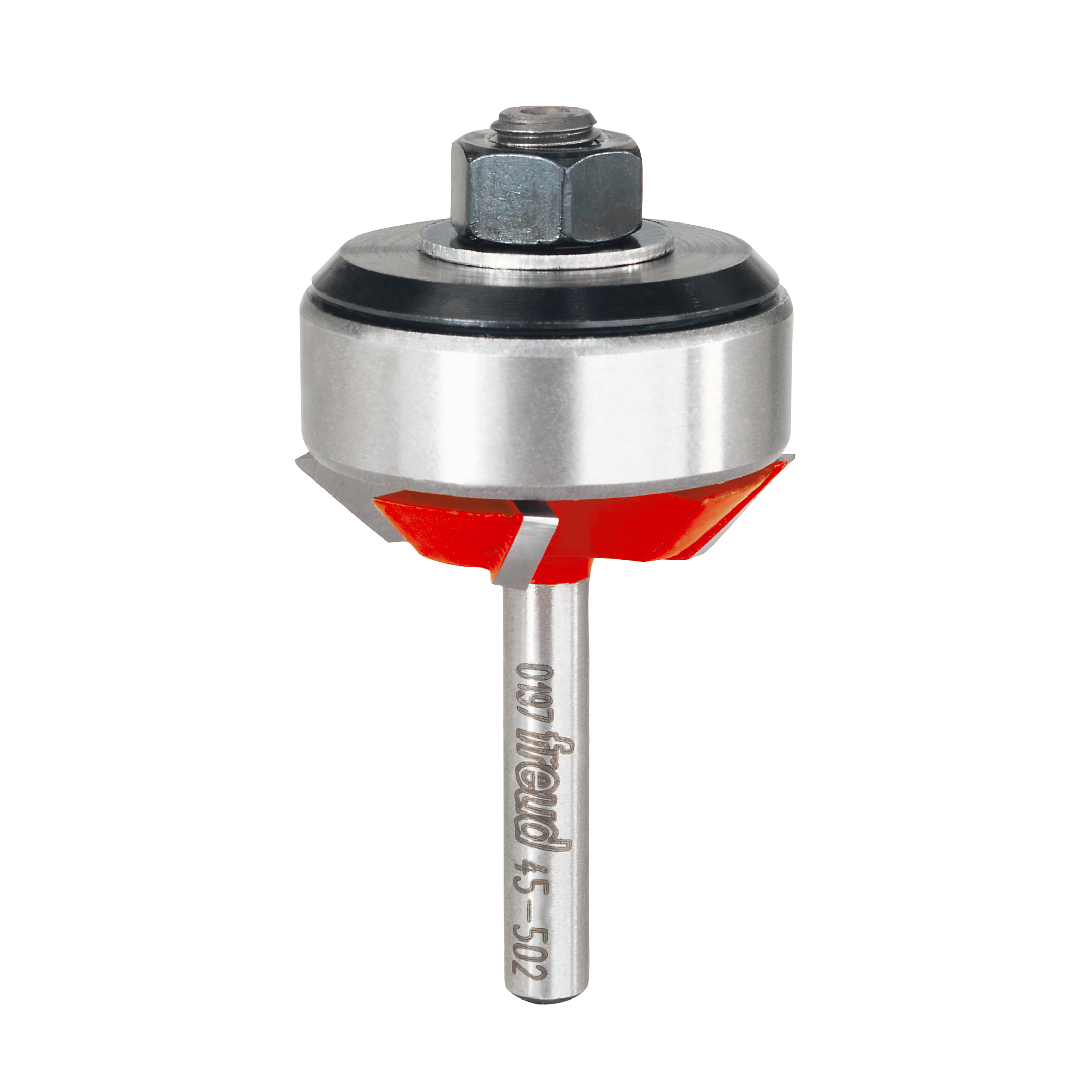 Freud router bit with red cutting edges, silver cylindrical body, hexagonal nut, and metal shank.