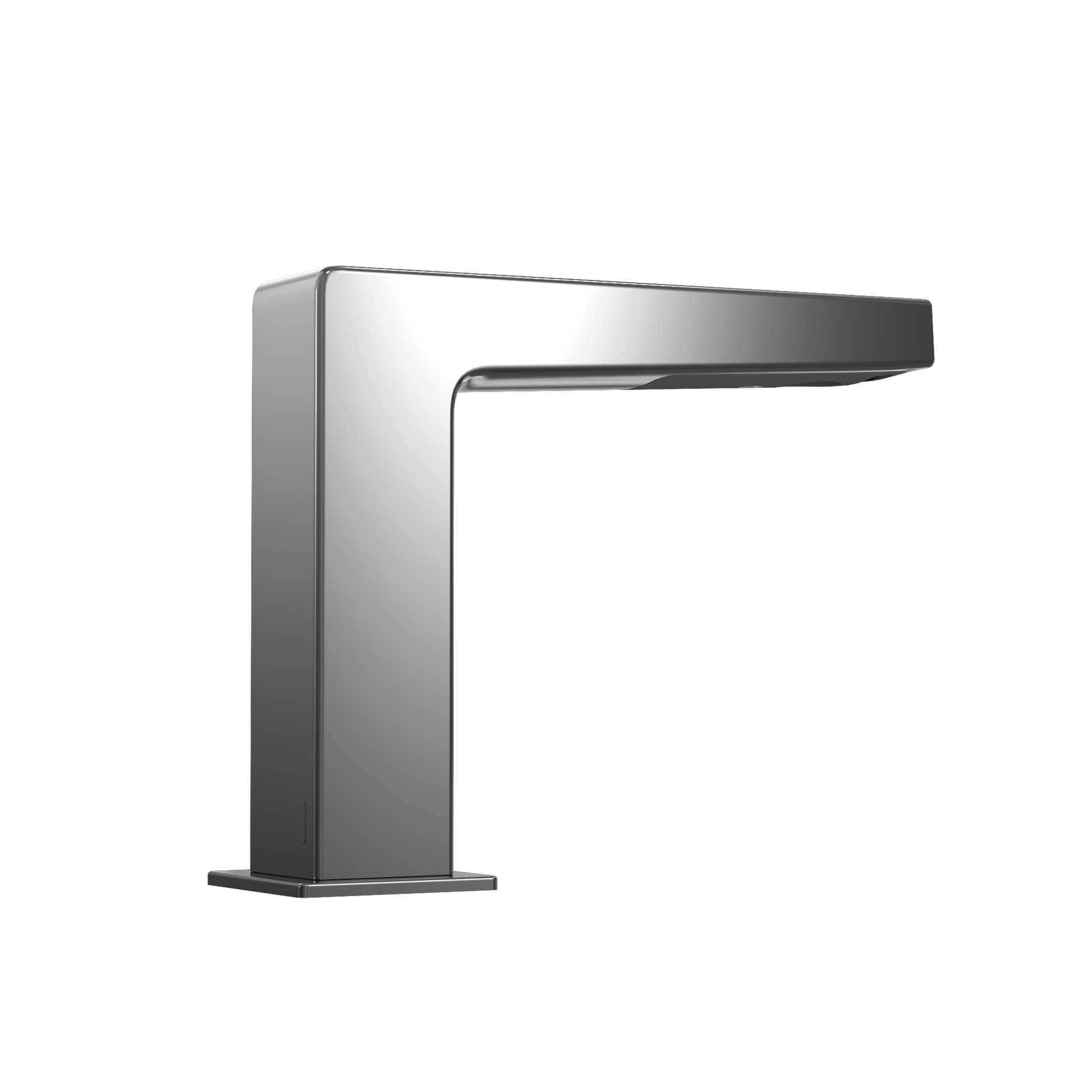 Polished chrome touchless bathroom faucet with rectangular base and curved spout extending to the right.