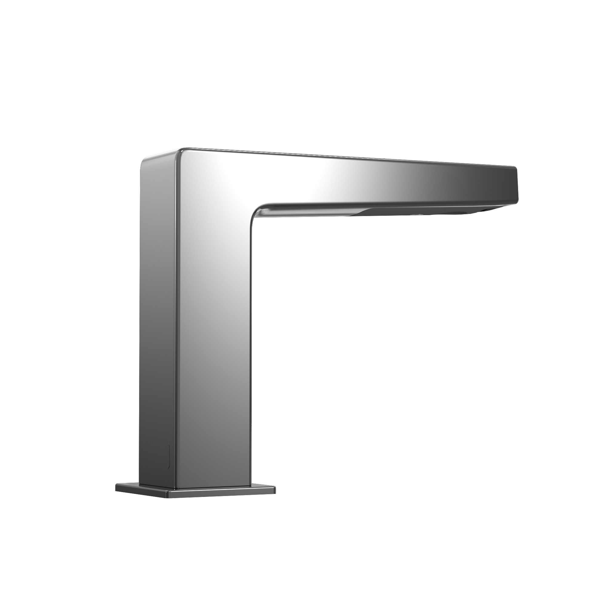 Polished chrome touchless bathroom faucet with rectangular base and extended horizontal spout.