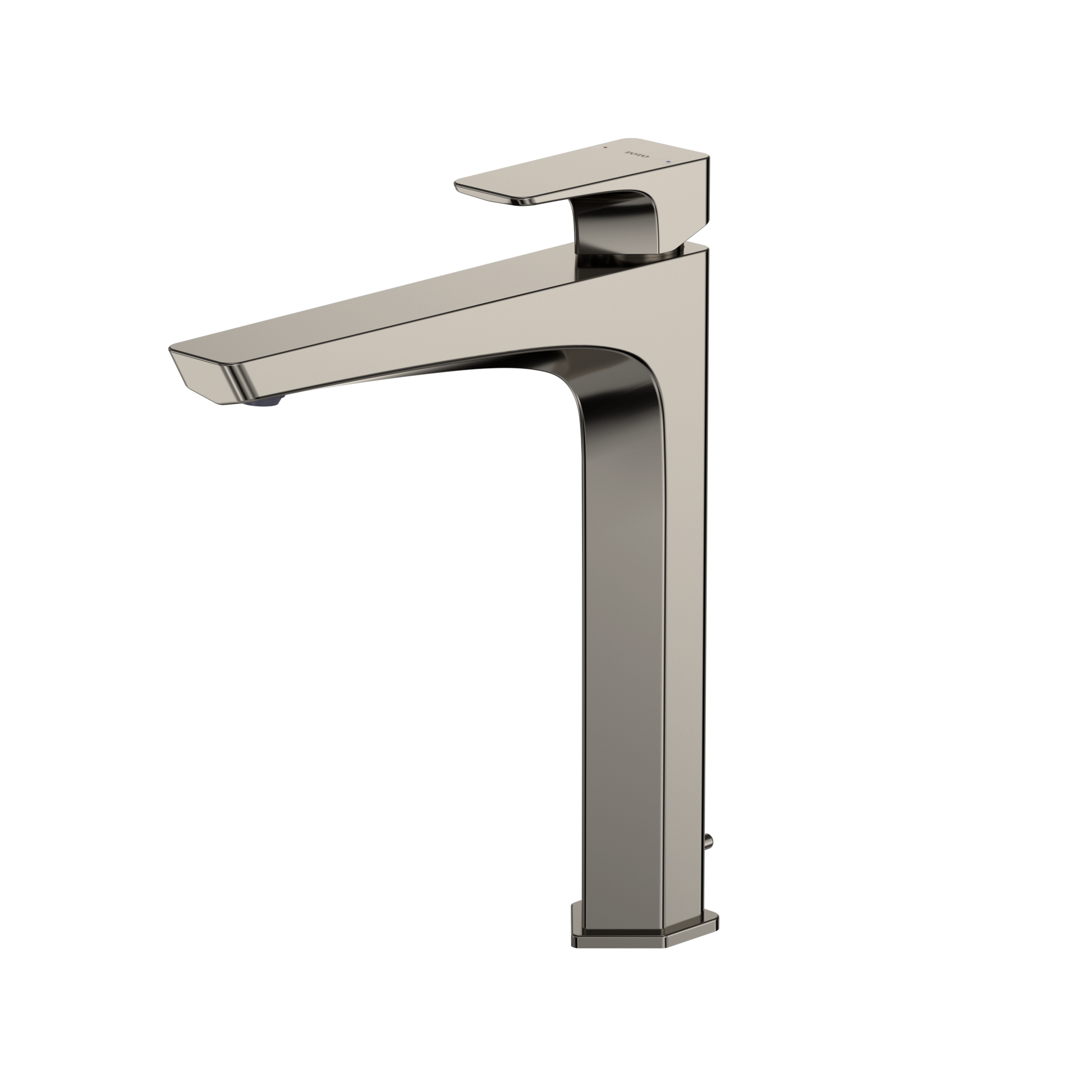 Polished nickel single-handle bathroom sink faucet with tall vessel spout and angular modern design.