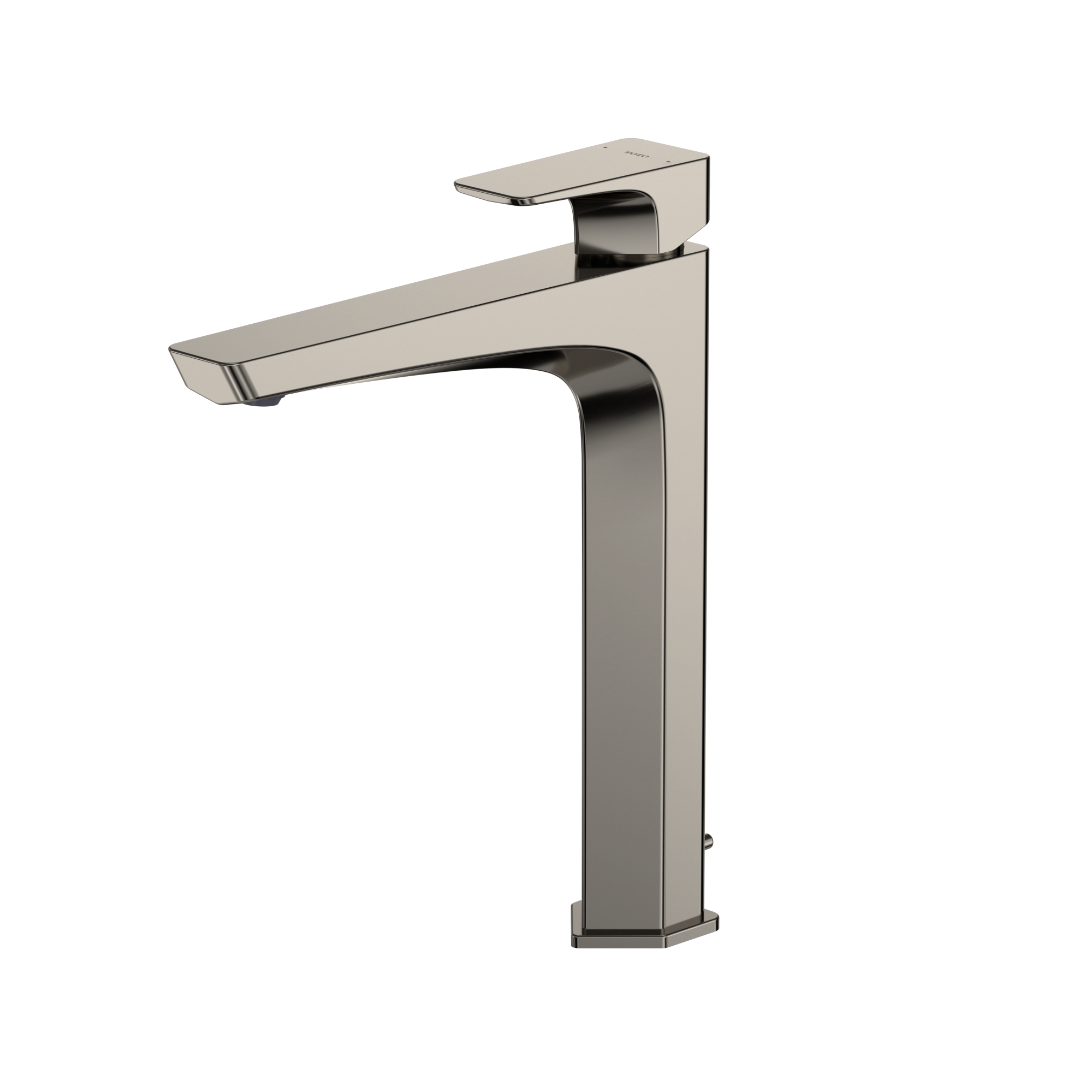 Polished nickel single-handle bathroom sink faucet with tall vessel spout and angular modern design.