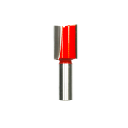Router bit with red cutting head and two flutes on silver cylindrical shank.