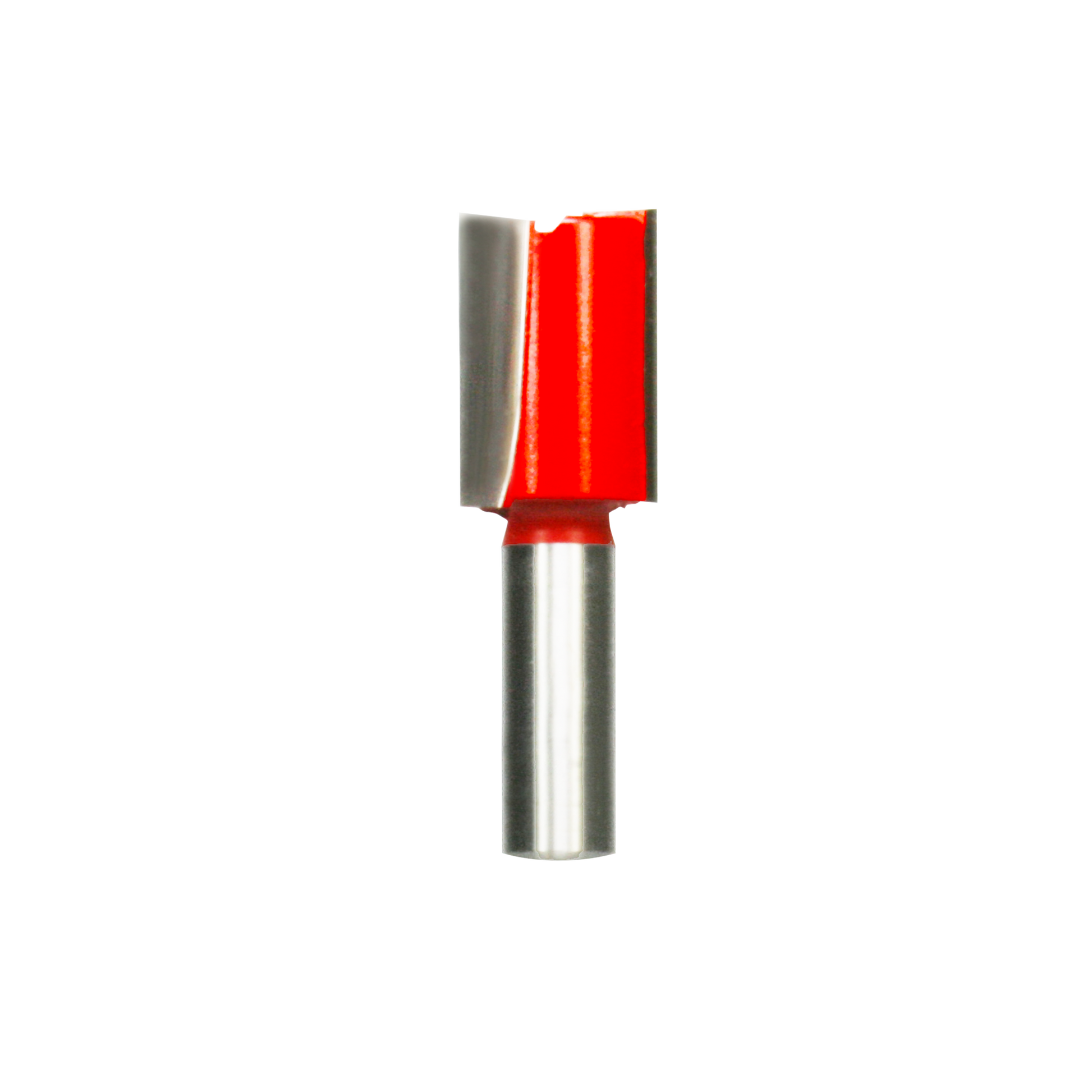 Router bit with red cutting head and two flutes on silver cylindrical shank.