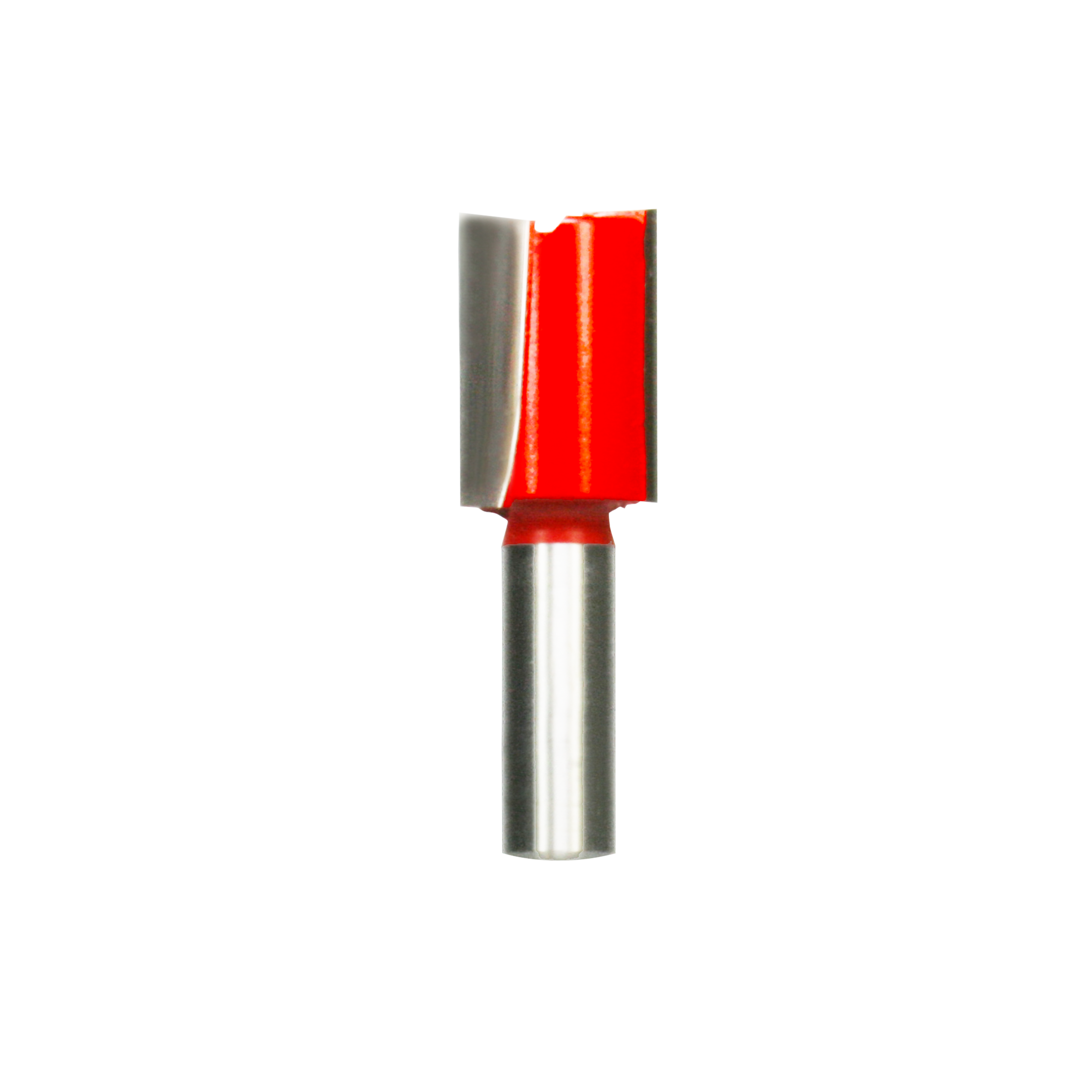 Router bit with red cutting head and two flutes on silver cylindrical shank.