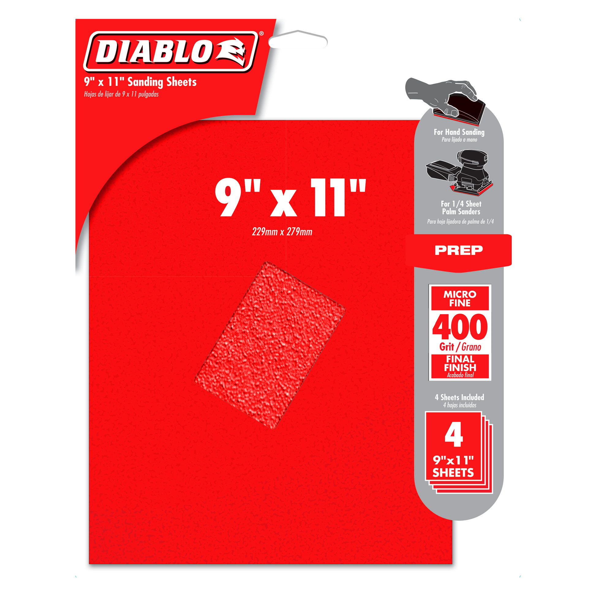 Red Diablo packaging displaying 9" x 11" 400-grit micro fine sanding sheets, 4-pack, suitable for hand and palm sanders.