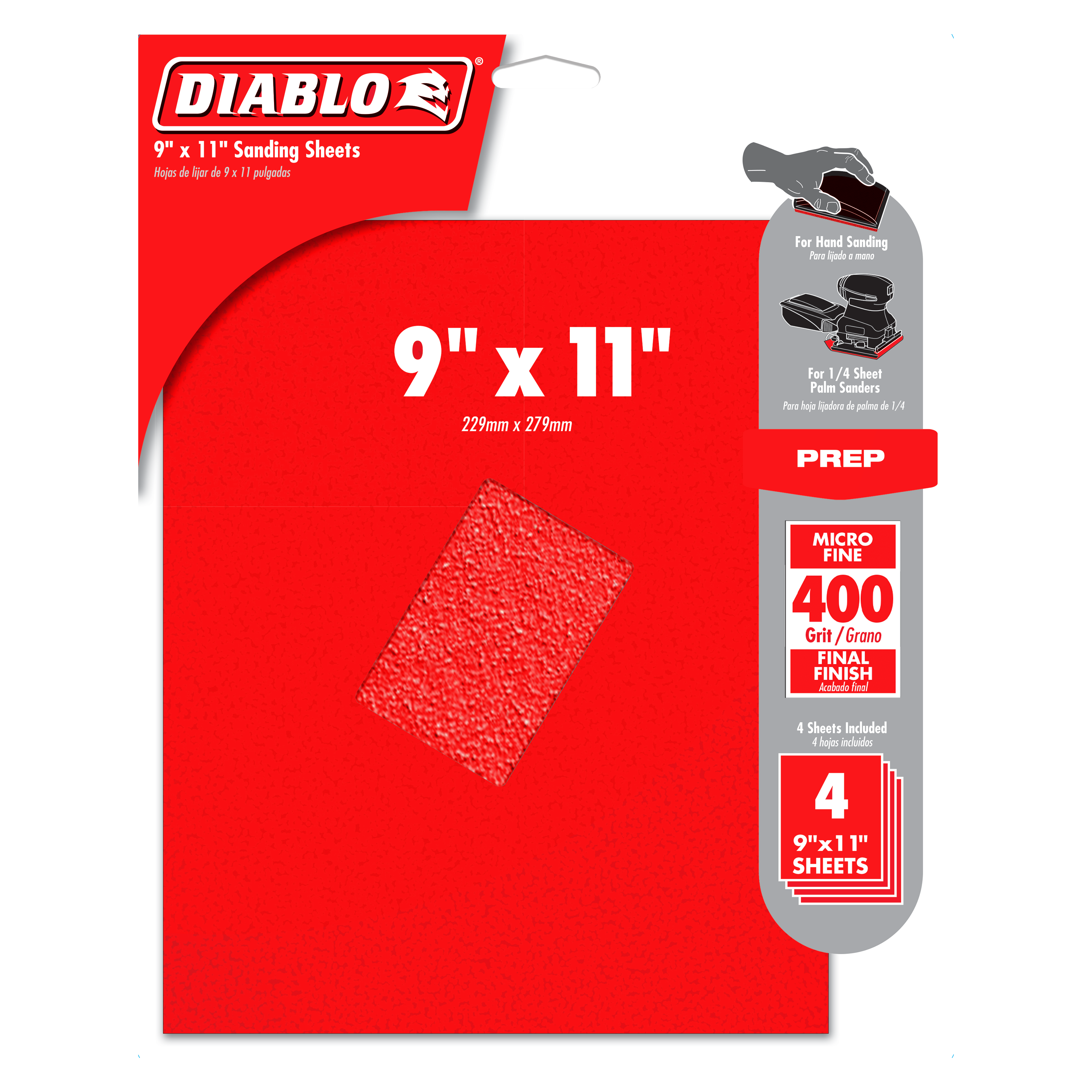 Red Diablo packaging displaying 9" x 11" 400-grit micro fine sanding sheets, 4-pack, suitable for hand and palm sanders.
