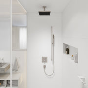 Brushed nickel ceiling-mounted shower extension pipe with square connector, 4 inches long.