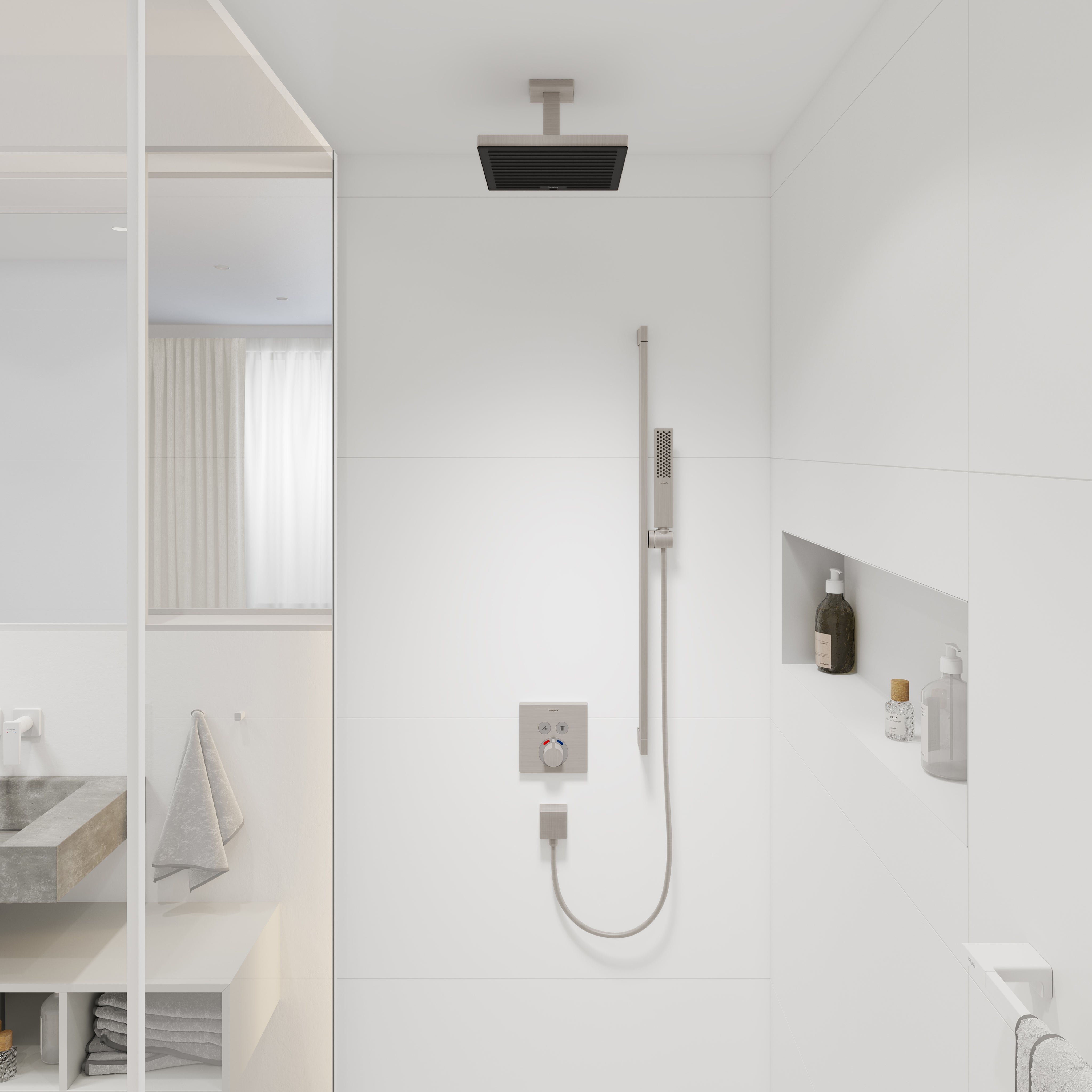 Brushed nickel ceiling-mounted shower extension pipe with square connector, 4 inches long.
