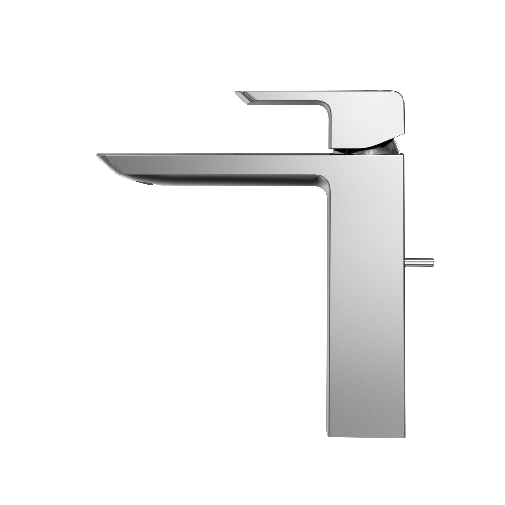 Polished chrome single-handle bathroom sink faucet with curved spout and tall rectangular body.