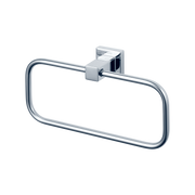 Polished chrome towel ring with square mounting bracket and curved rectangular holder.