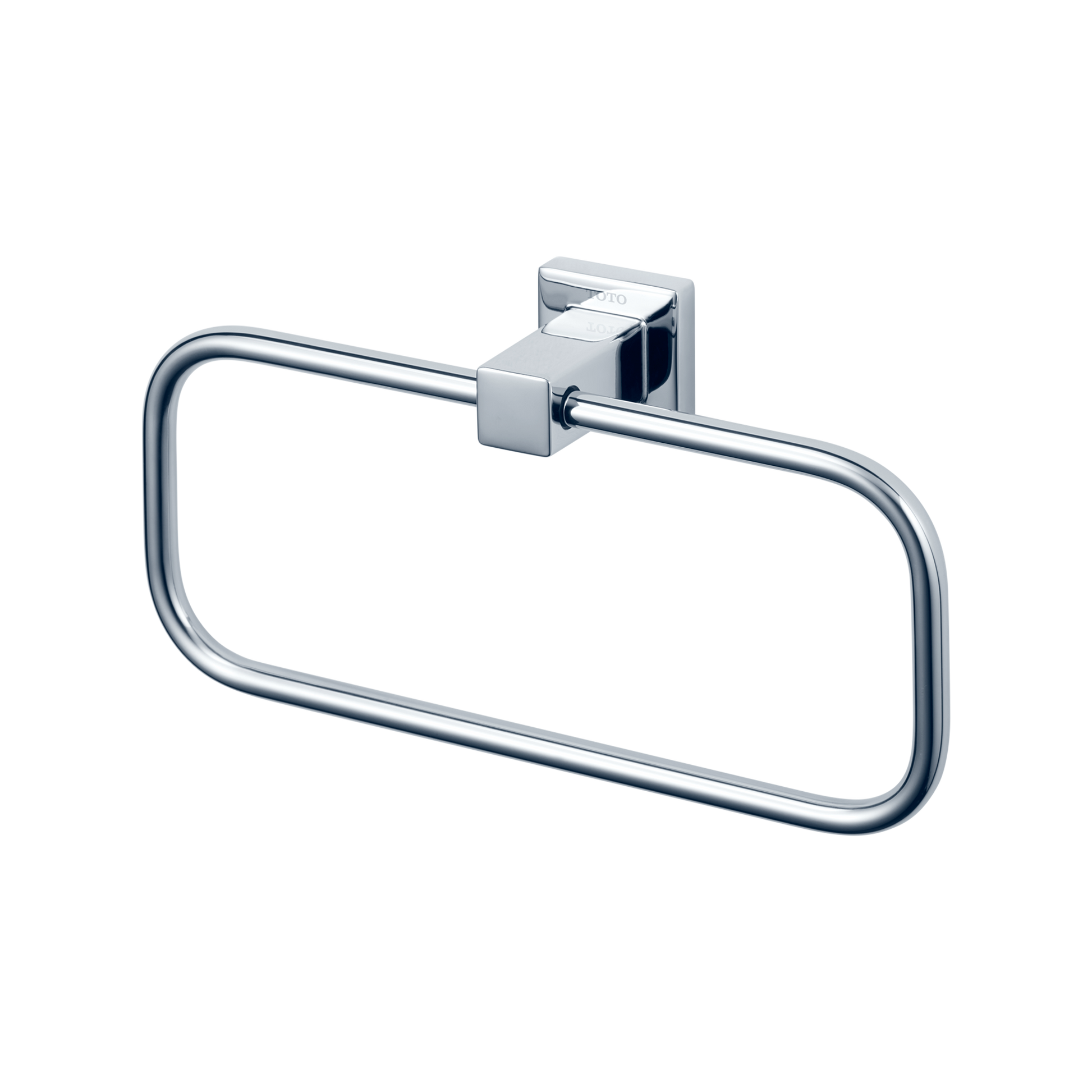 Polished chrome towel ring with square mounting bracket and curved rectangular holder.