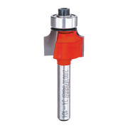 Router bit with red cutting head and silver steel shaft marked "Freud 34-104 1/8".