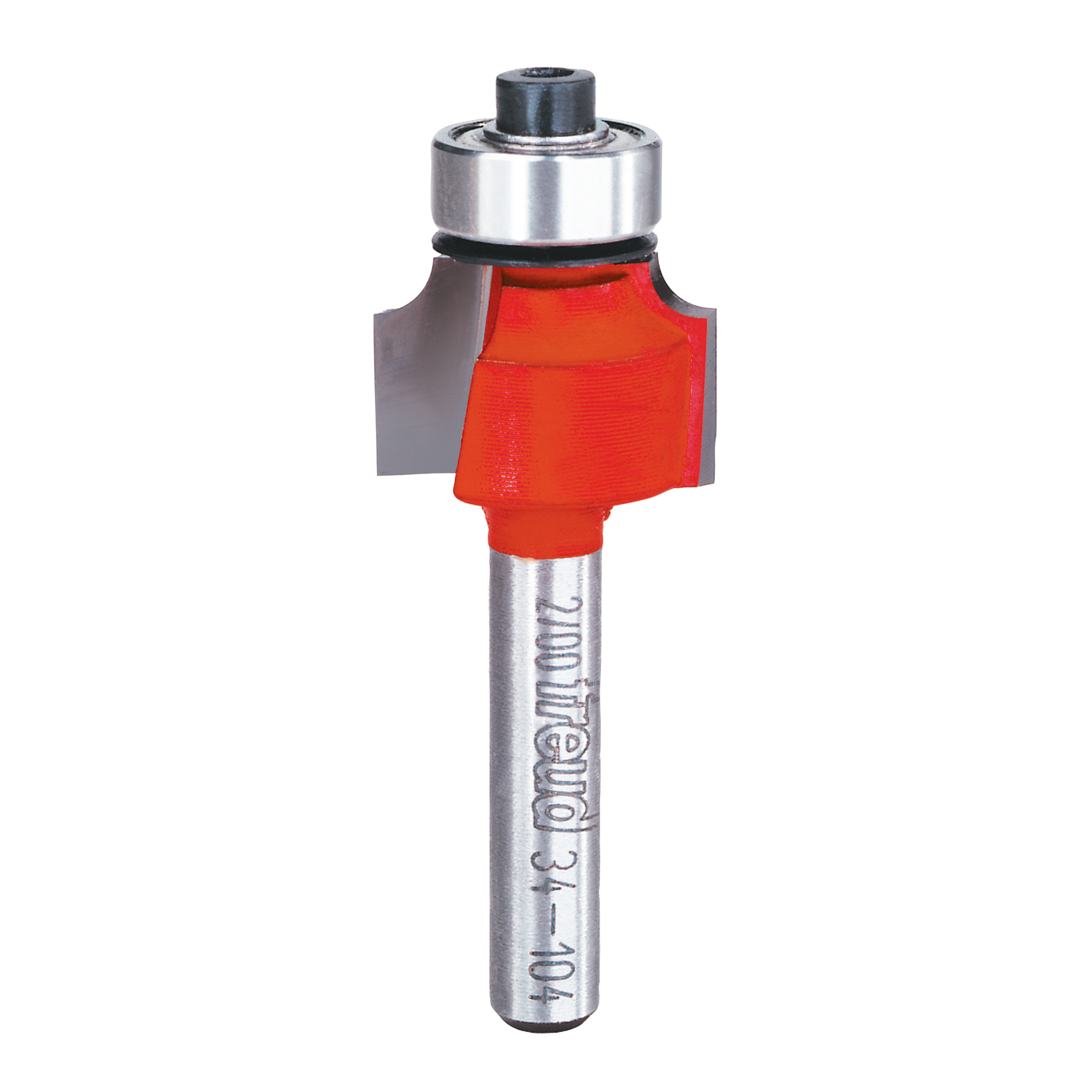 Router bit with red cutting head and silver steel shaft marked "Freud 34-104 1/8".