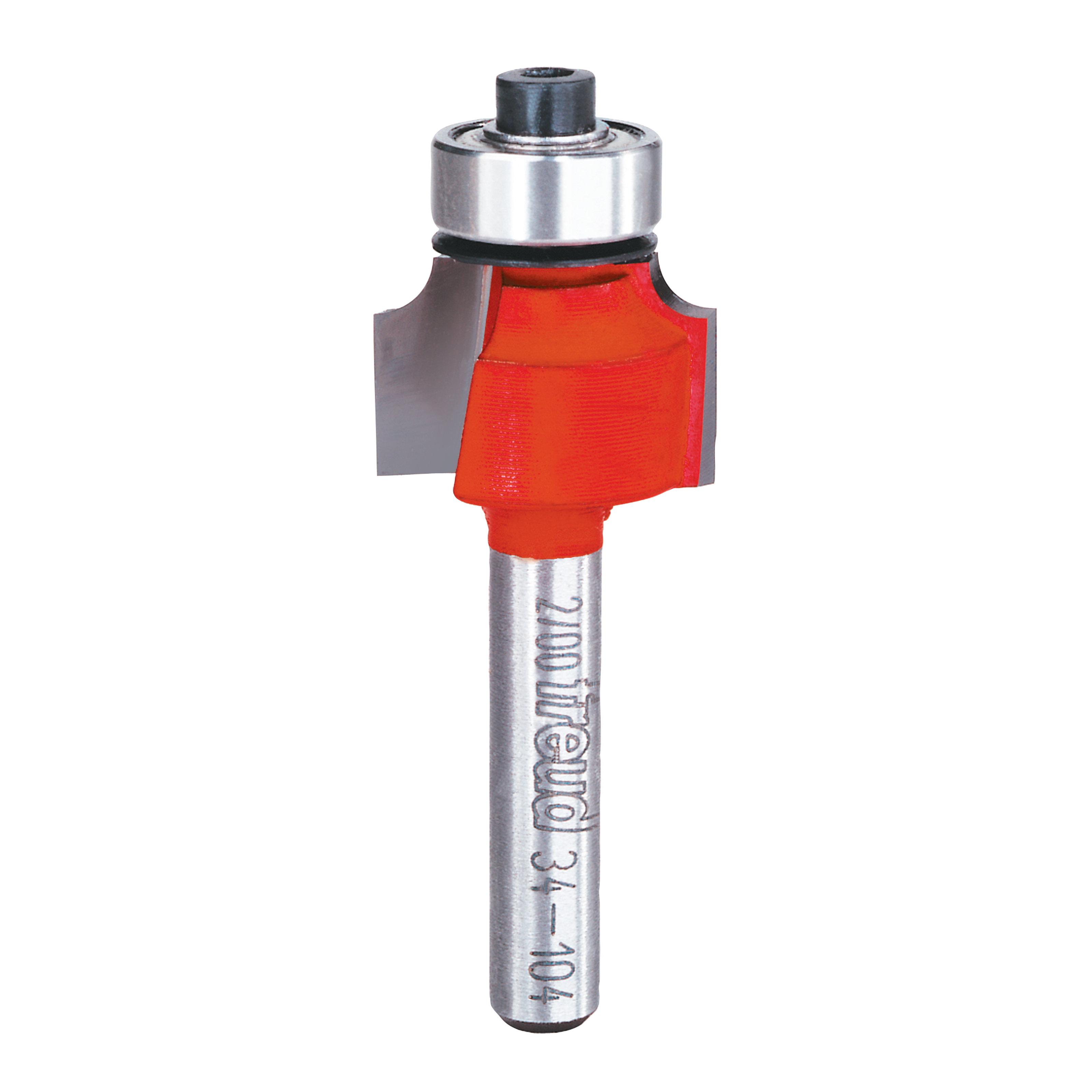 Router bit with red cutting head and silver steel shaft marked "Freud 34-104 1/8".