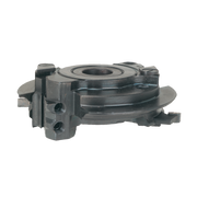Dark gray circular cutterhead with central bore, side mounting blocks, and threaded holes for rail and stile woodworking.