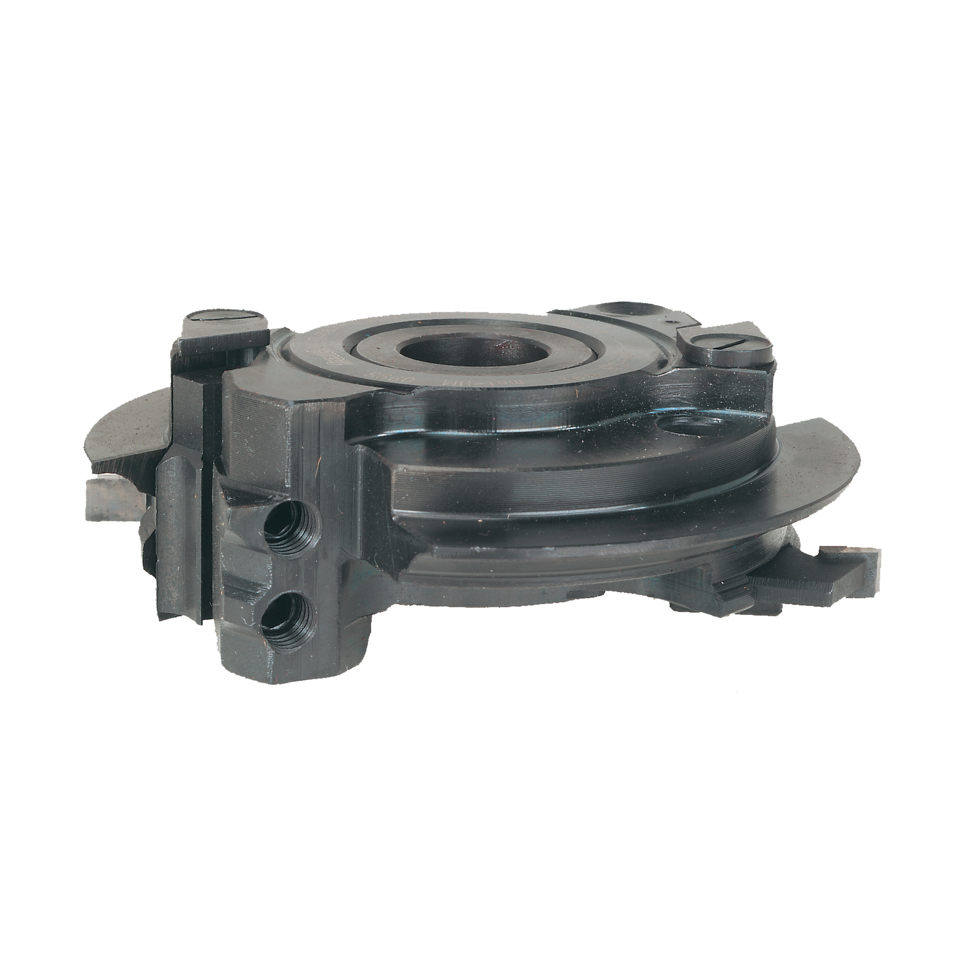 Dark gray circular cutterhead with central bore, side mounting blocks, and threaded holes for rail and stile woodworking.