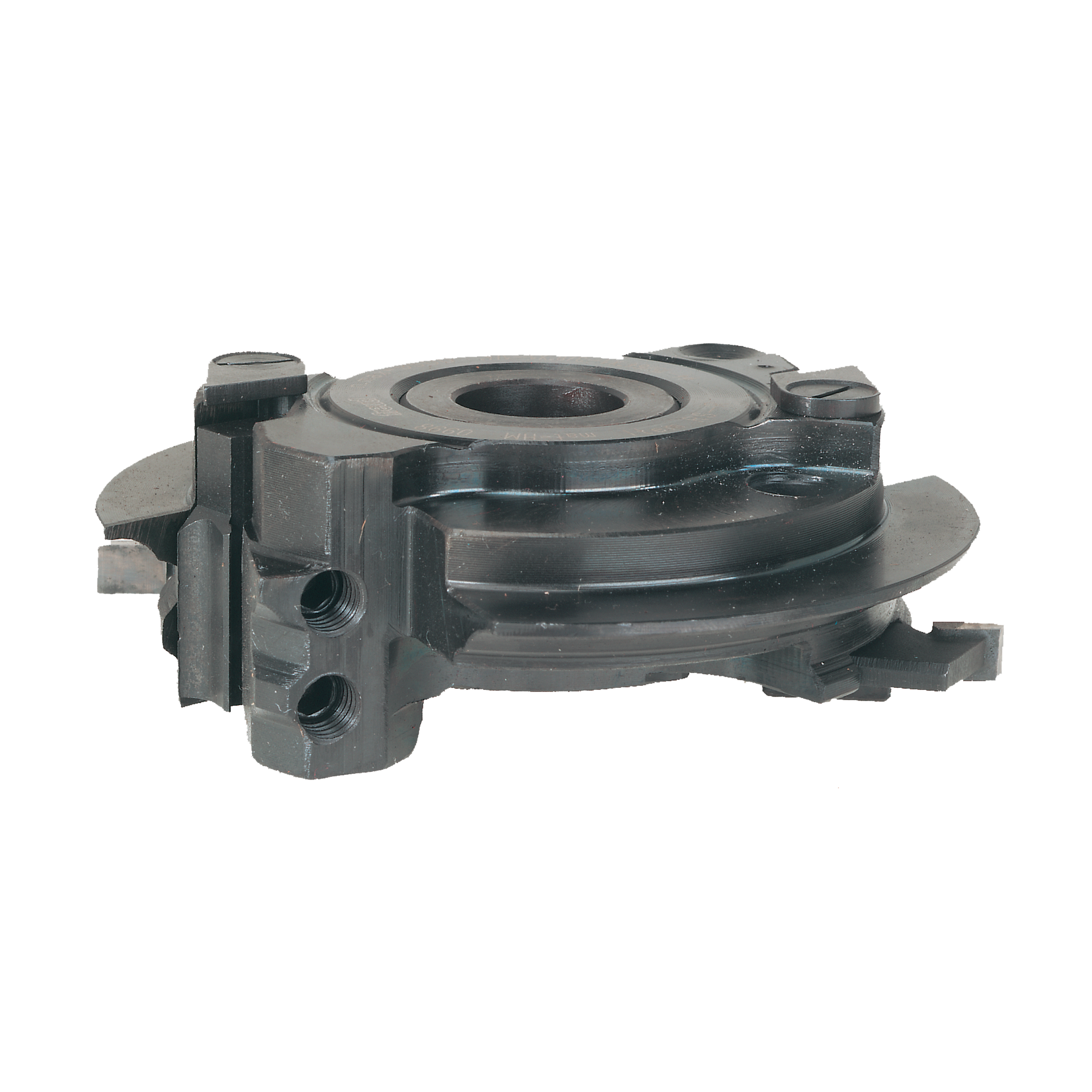 Dark gray circular cutterhead with central bore, side mounting blocks, and threaded holes for rail and stile woodworking.