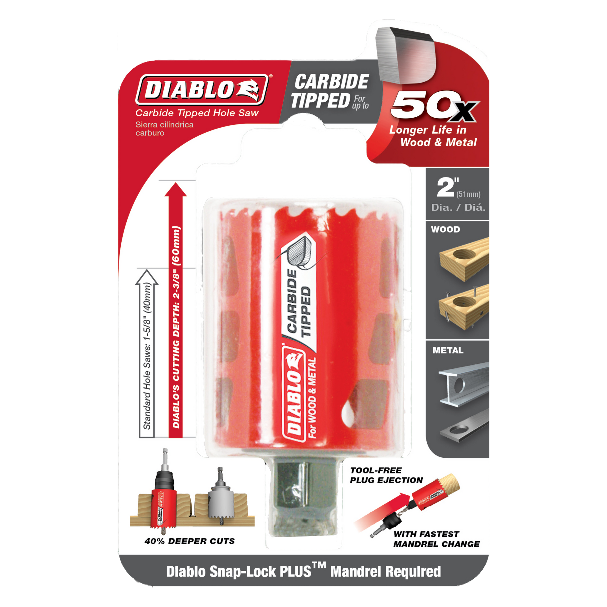Diablo 2 inch carbide-tipped holesaw with red packaging, showing product dimensions, wood and metal cutting capability icons,