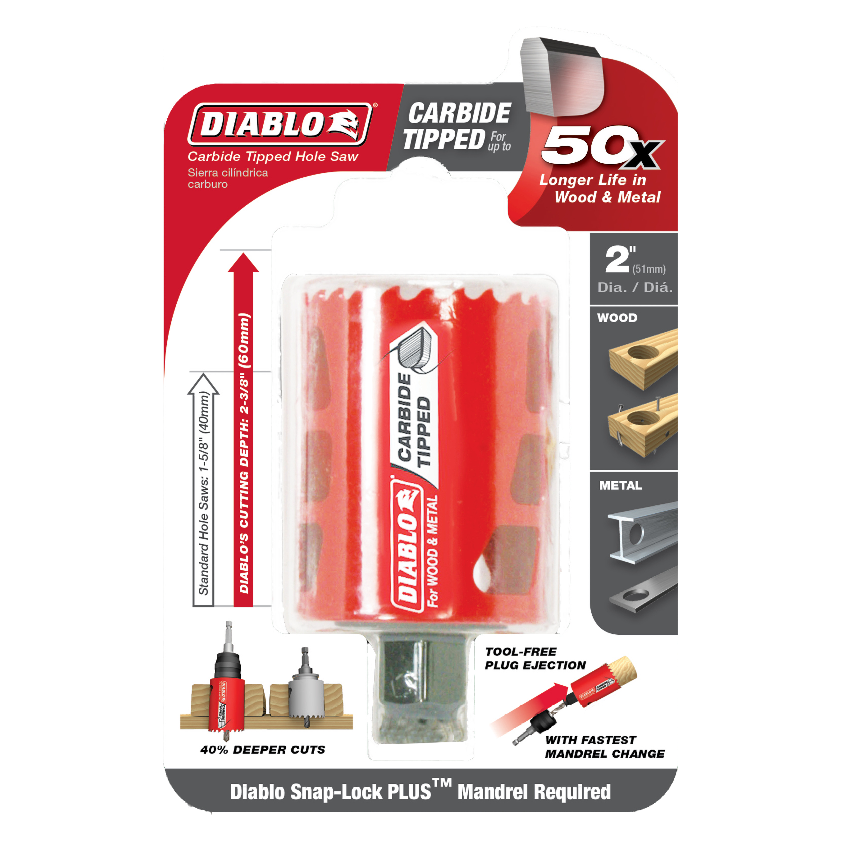 Diablo 2 inch carbide-tipped holesaw with red packaging, showing product dimensions, wood and metal cutting capability icons,
