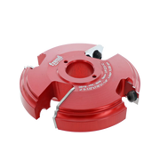 Red router bit with two cutting heads and black adjustment knobs mounted on circular base.