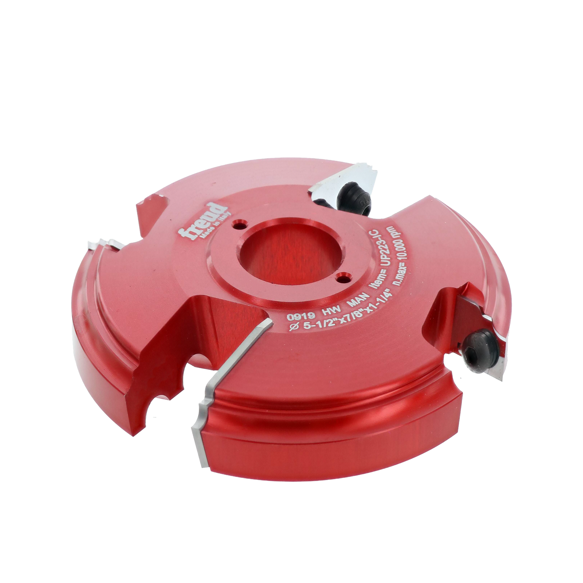 Red router bit with two cutting heads and black adjustment knobs mounted on circular base.