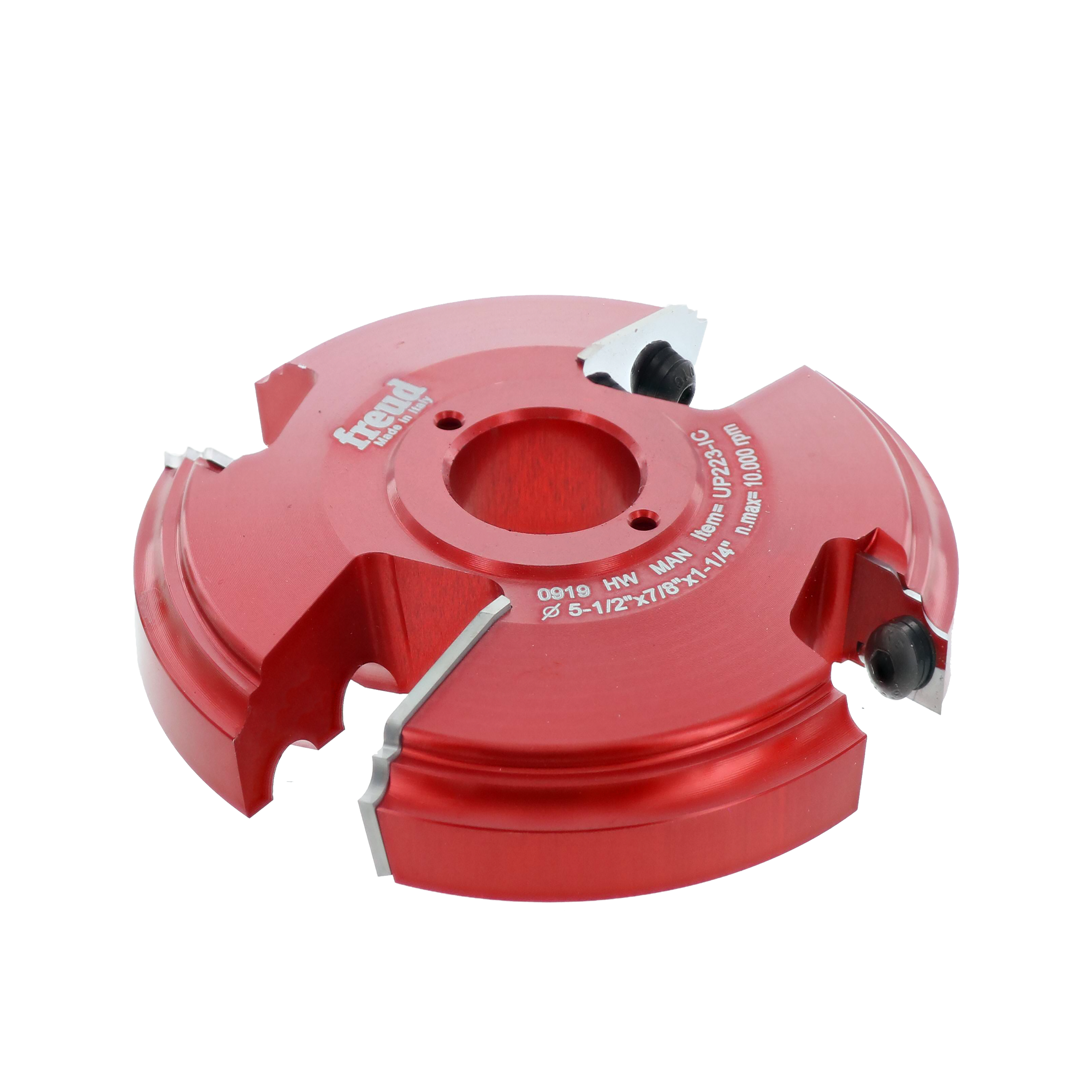 Red router bit with two cutting heads and black adjustment knobs mounted on circular base.