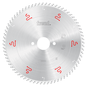 Freud 380mm circular saw blade with silver coating, fine teeth around perimeter, and red symbols marking tooth positions arou