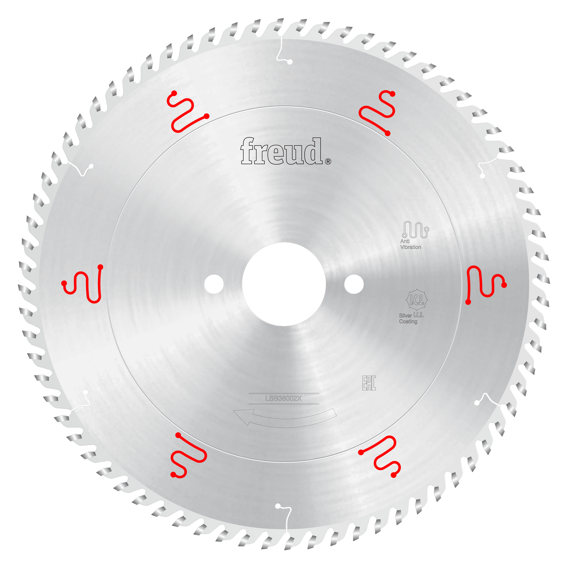 Freud 380mm circular saw blade with silver coating, fine teeth around perimeter, and red symbols marking tooth positions arou
