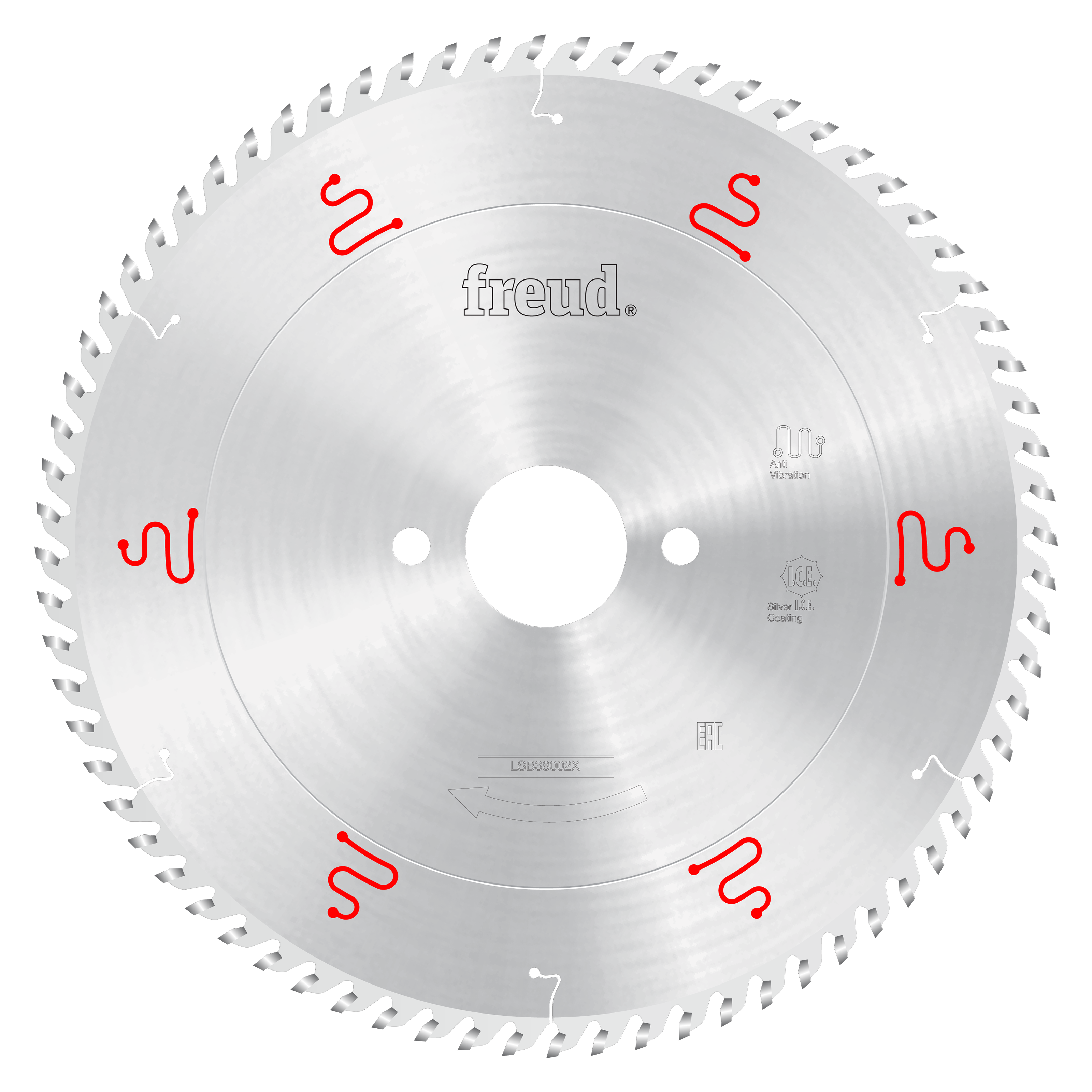 Freud 380mm circular saw blade with silver coating, fine teeth around perimeter, and red symbols marking tooth positions arou
