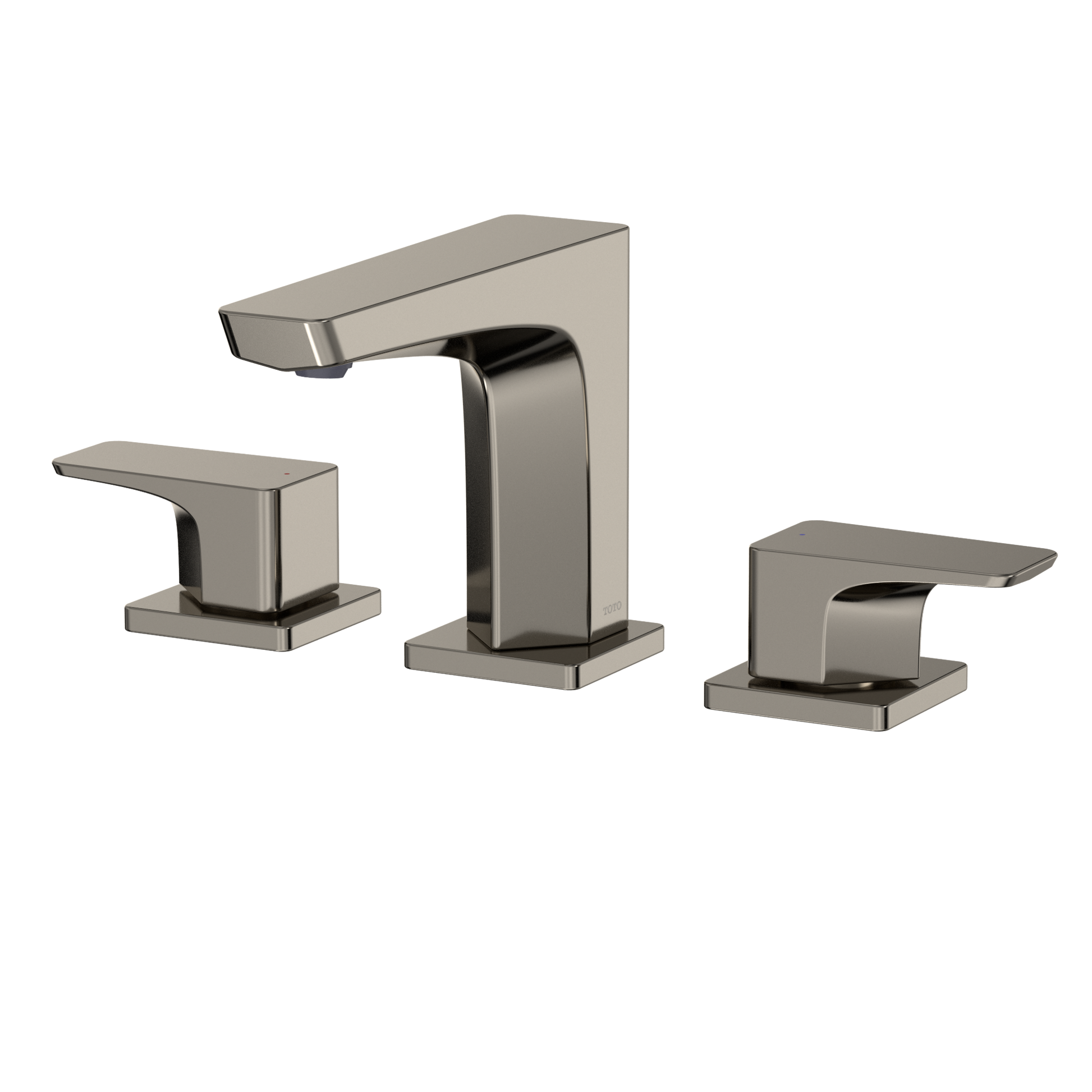 Polished nickel two-handle widespread bathroom sink faucet with curved spout and rectangular handles.