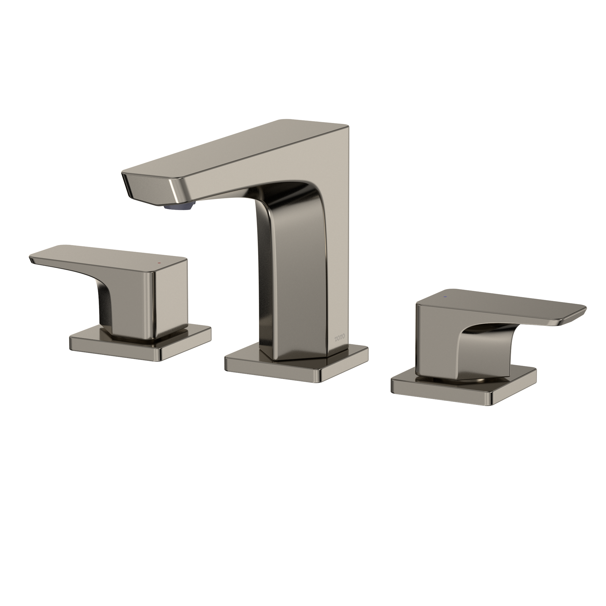 Polished nickel two-handle widespread bathroom sink faucet with curved spout and rectangular handles.