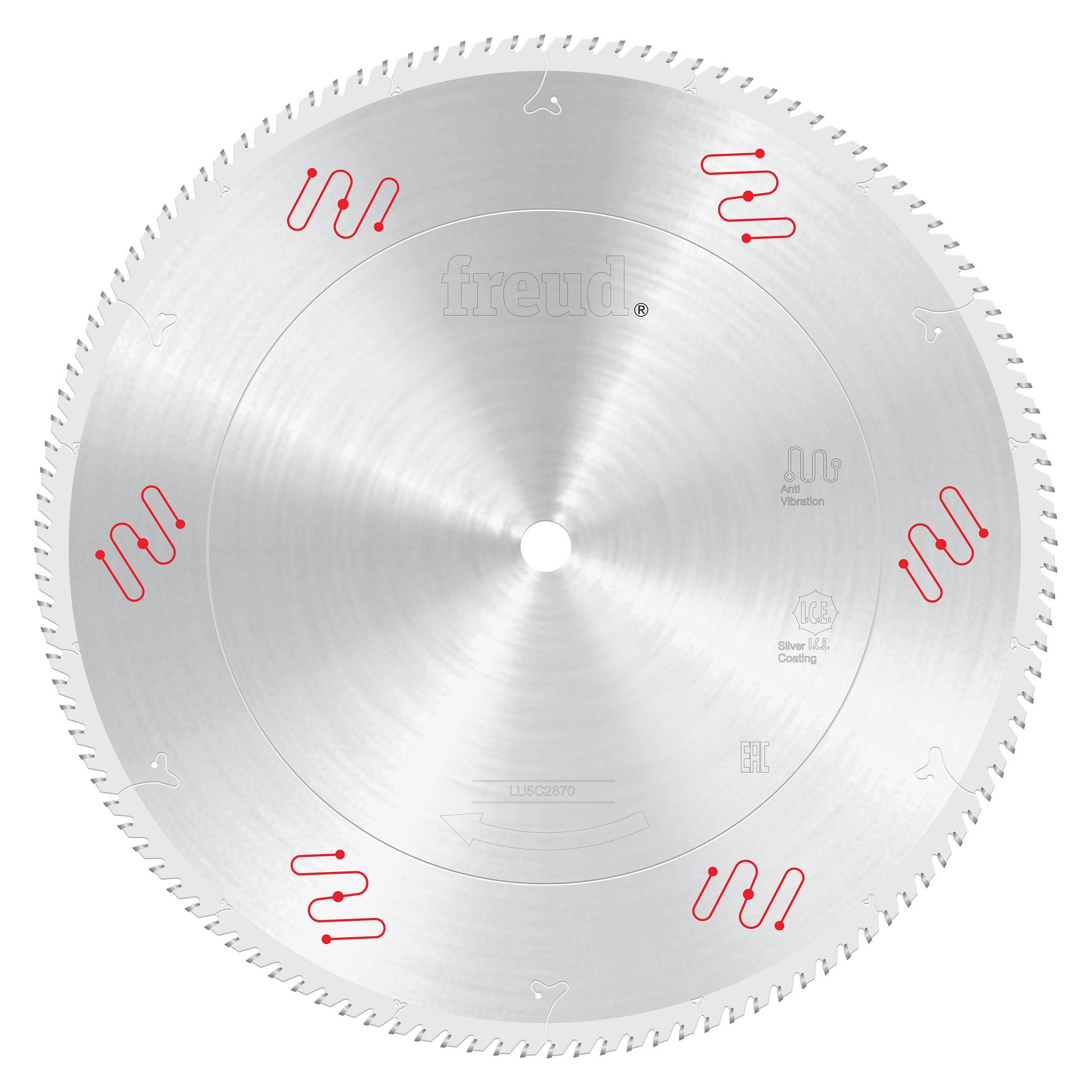 Freud 20-inch circular saw blade with fine teeth and red wave markings around the perimeter.
