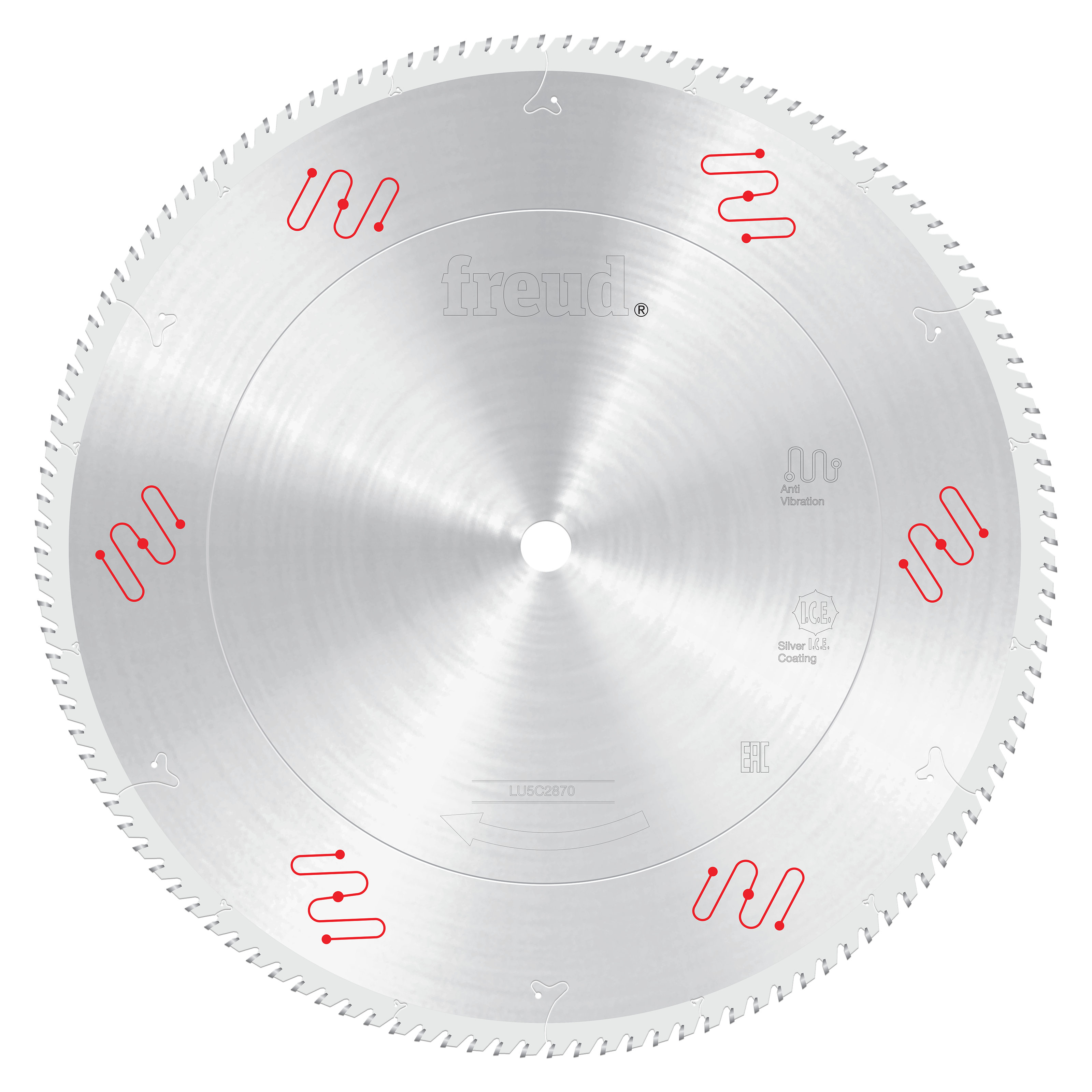 Freud 20-inch circular saw blade with fine teeth and red wave markings around the perimeter.
