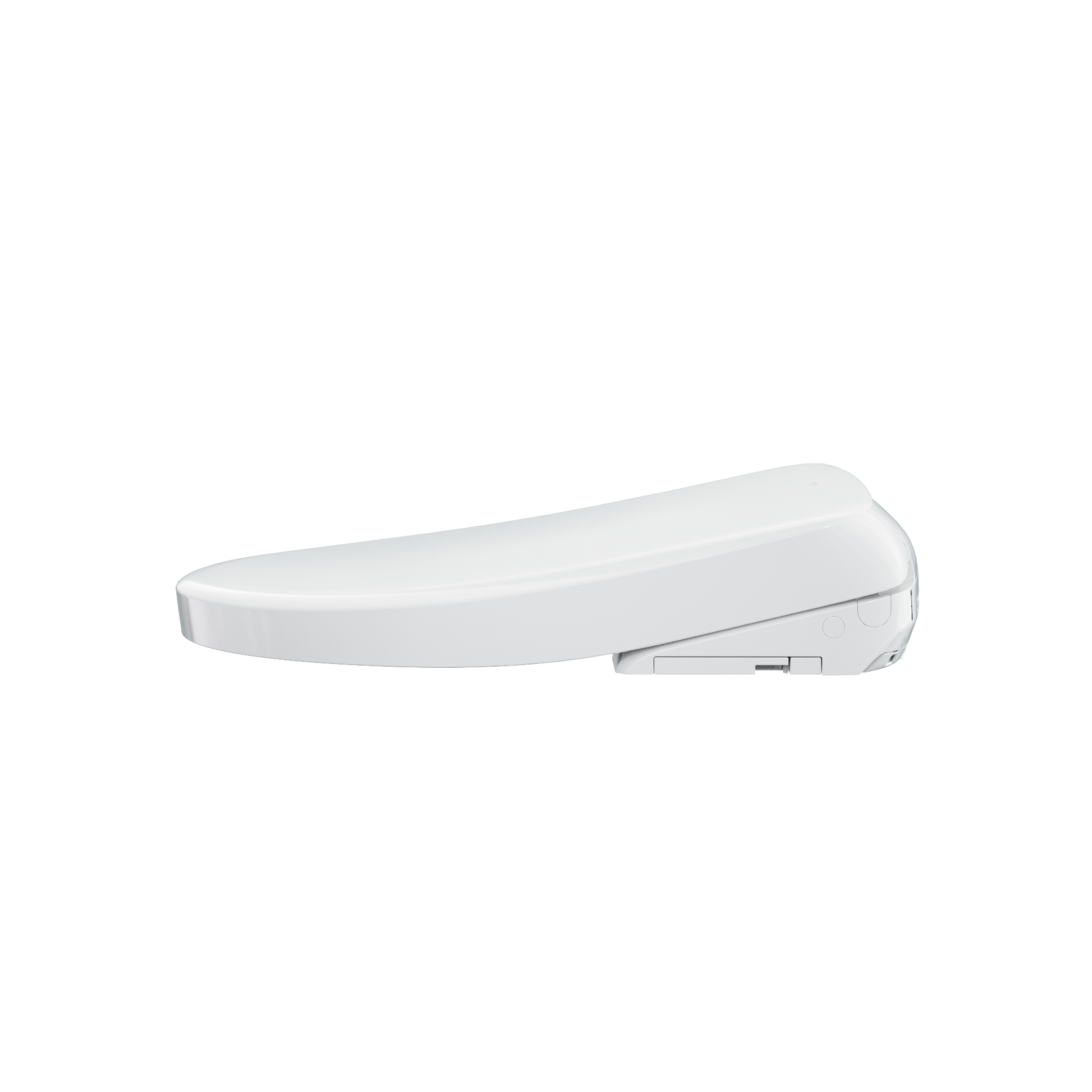Cotton white electronic bidet toilet seat with rounded edges and control panel on right side.
