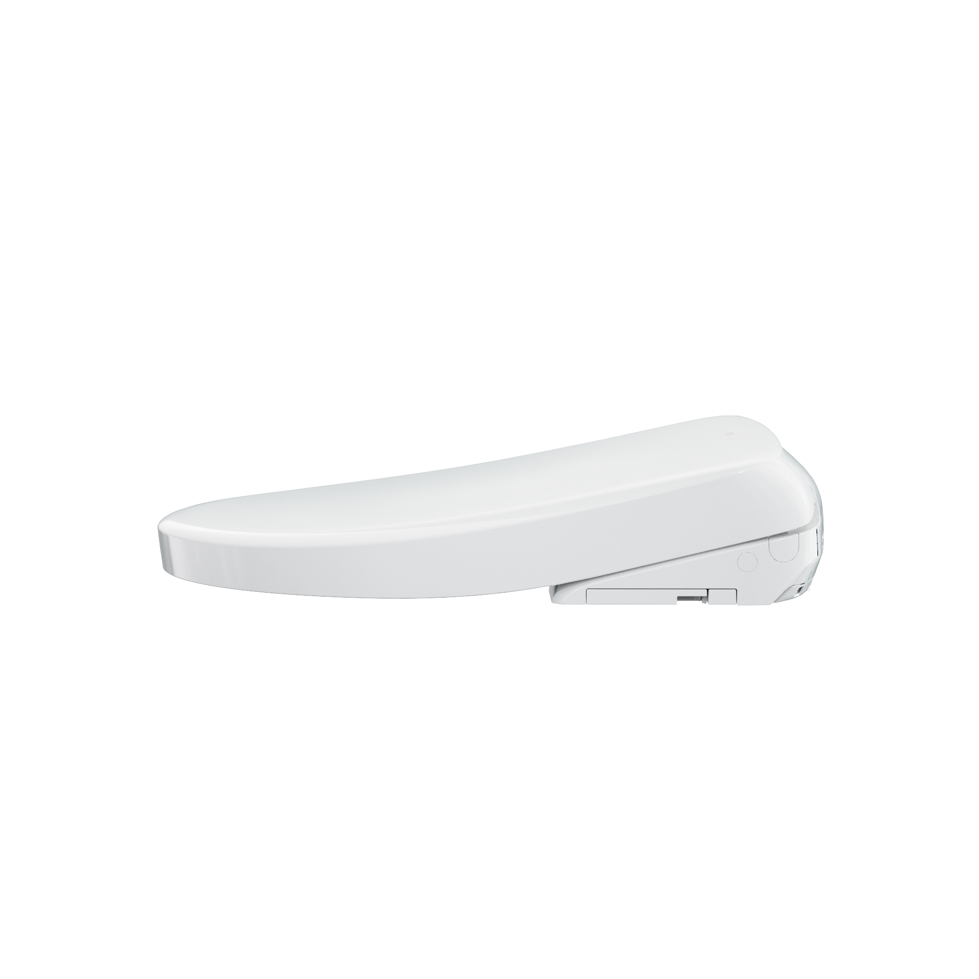 Cotton white electronic bidet toilet seat with rounded edges and control panel on right side.